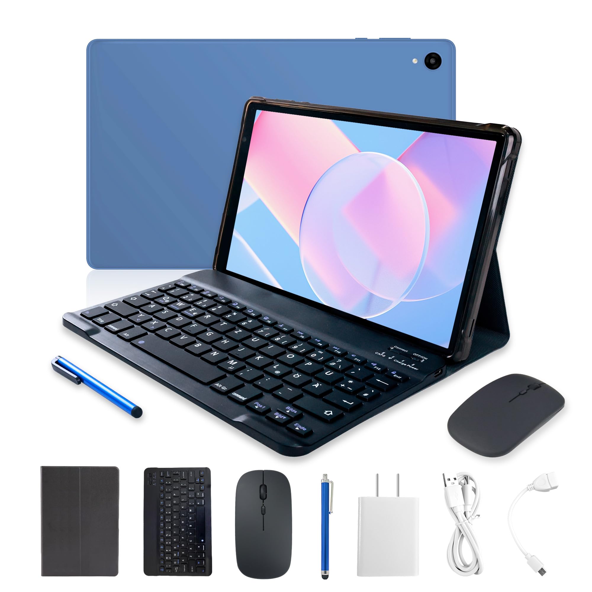 Veidoo 2-in-1 tablet Android portatile con tastiera, mouse e penna digitale, schermo IPS HD da 10,1 pollici, 3 GB di RAM, 32 GB di ROM espandibili fino a 512 GB, Wi-Fi, doppia fotocamera (Blu)