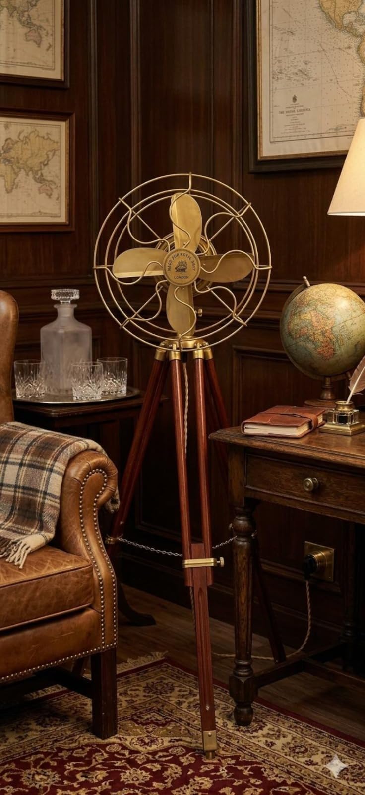 Nautical Brass Finish Table Fan with Wooden Tripod Stand | Steampunk Marine Style Decorative Fan | Vintage Library, Office & Home Decor Accent-image-6