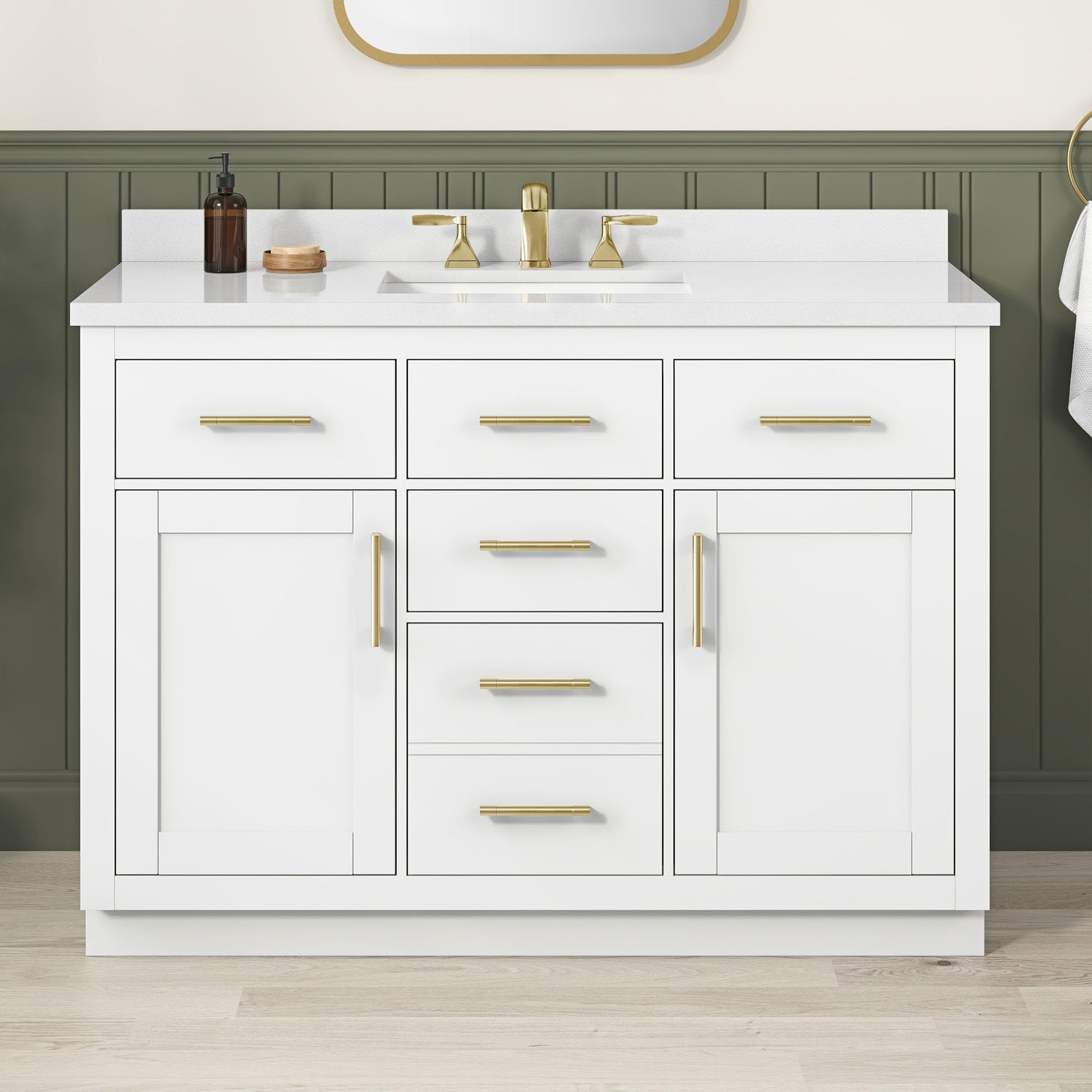OVE Decors Bailey 48-inch white vanity with quartz top and built-in power bar