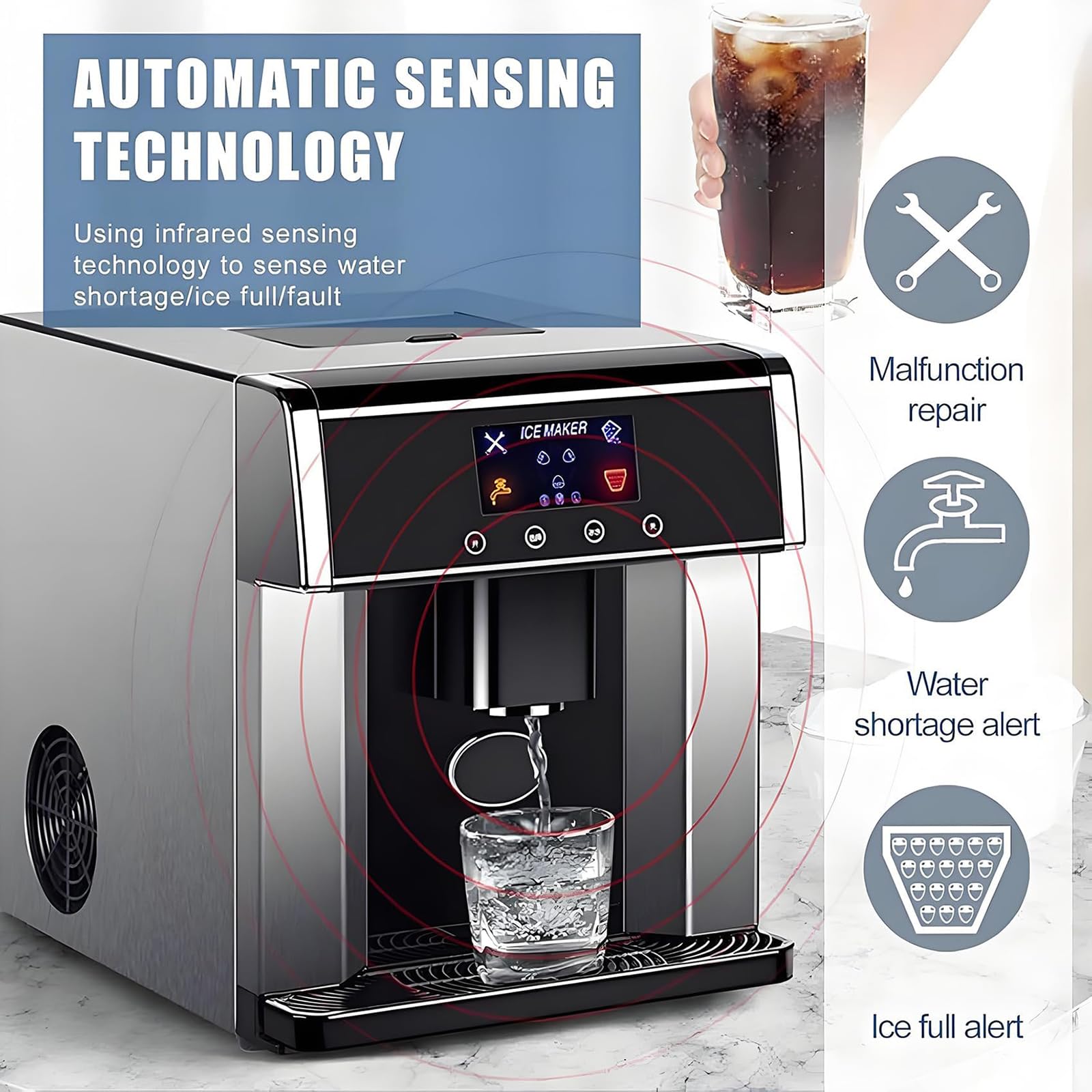 Macchina Fabbricatore di Ghiaccio 2 in 1 da Banco, Fabbricatore Commerciale di Cubetti di Ghiaccio Trasparenti, 15 Kg/24h, 3 Formati di Ghiaccio A Pallottola, 2 Metodi di Ingresso dell'Acqua