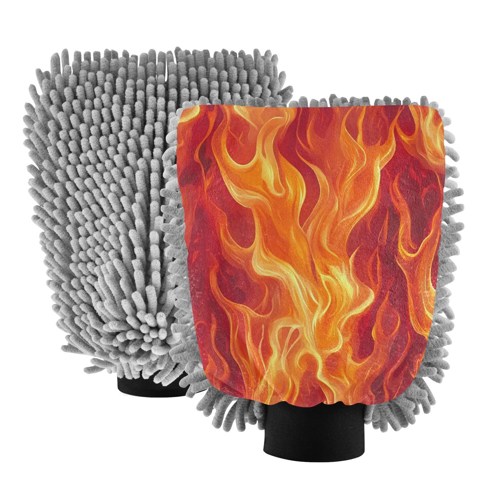 STAYTOP Orange Fire Car Wash Mitt Microfiber, 2Pcs Scratch Free Lint-Free, Premium Chenille Microfiber Mitt Car Wash Brush-L