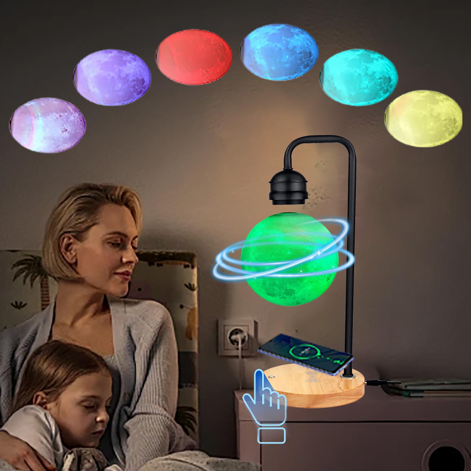 SXDMOUBK Levitating Moon Lamp with Wireless Charger 7 Colors Magnetic Levitating Moon Desk Lamp Floating and Spinning in Air Freely Touch LED Night Light 3D Cool Lamps for Home,Black
