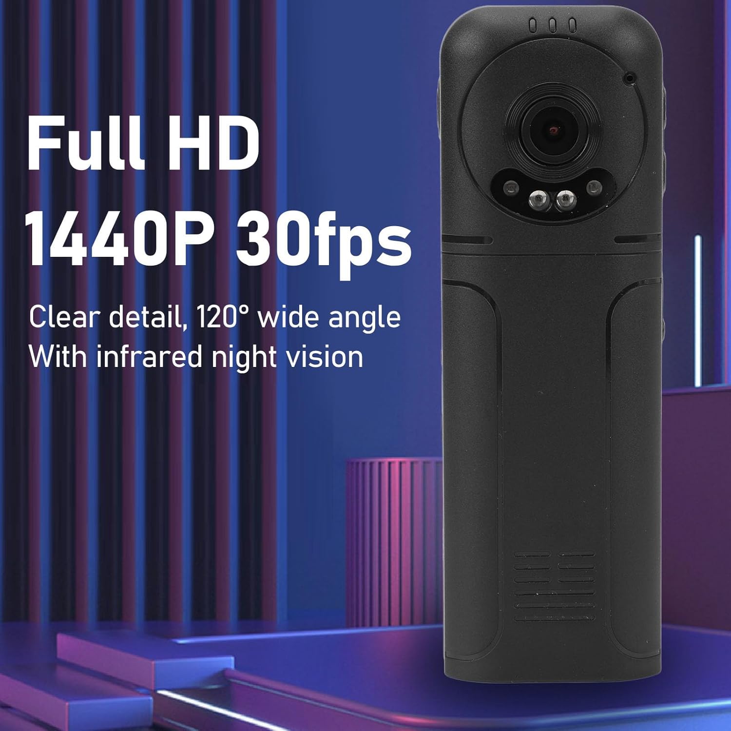 Cuifati Mini Body Camera displaying 'Full HD 1440P 30fps' with clear detail, 120° wide angle, and infrared night vision capabilities.