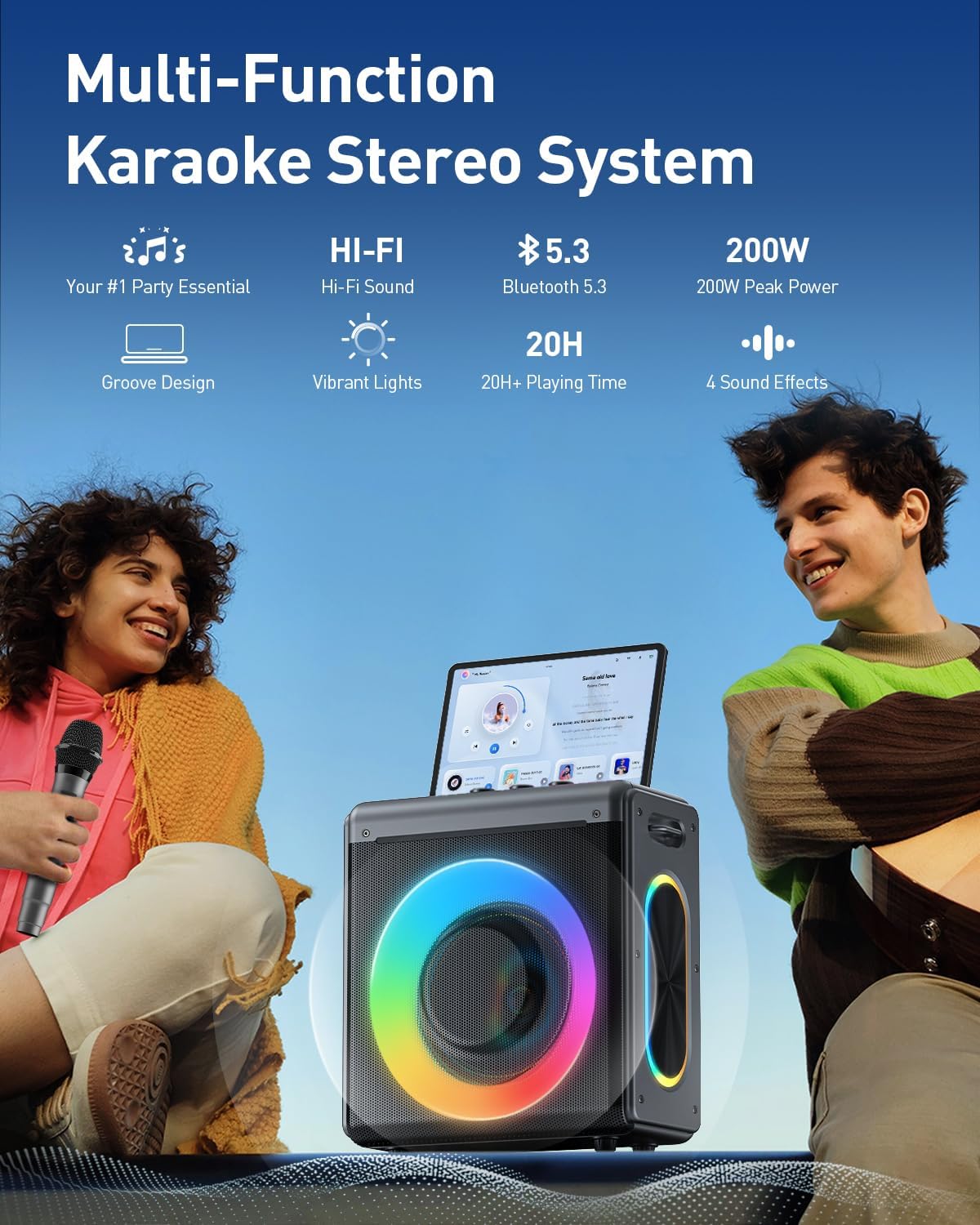 Karaoke Machine with 2 Wireless Rechargeable Microphones: Portable Bluetooth Speaker for Adults & Kids - PA System with Lights Supports TWS/TF Card/USB/AUX for Home Party - Image 2