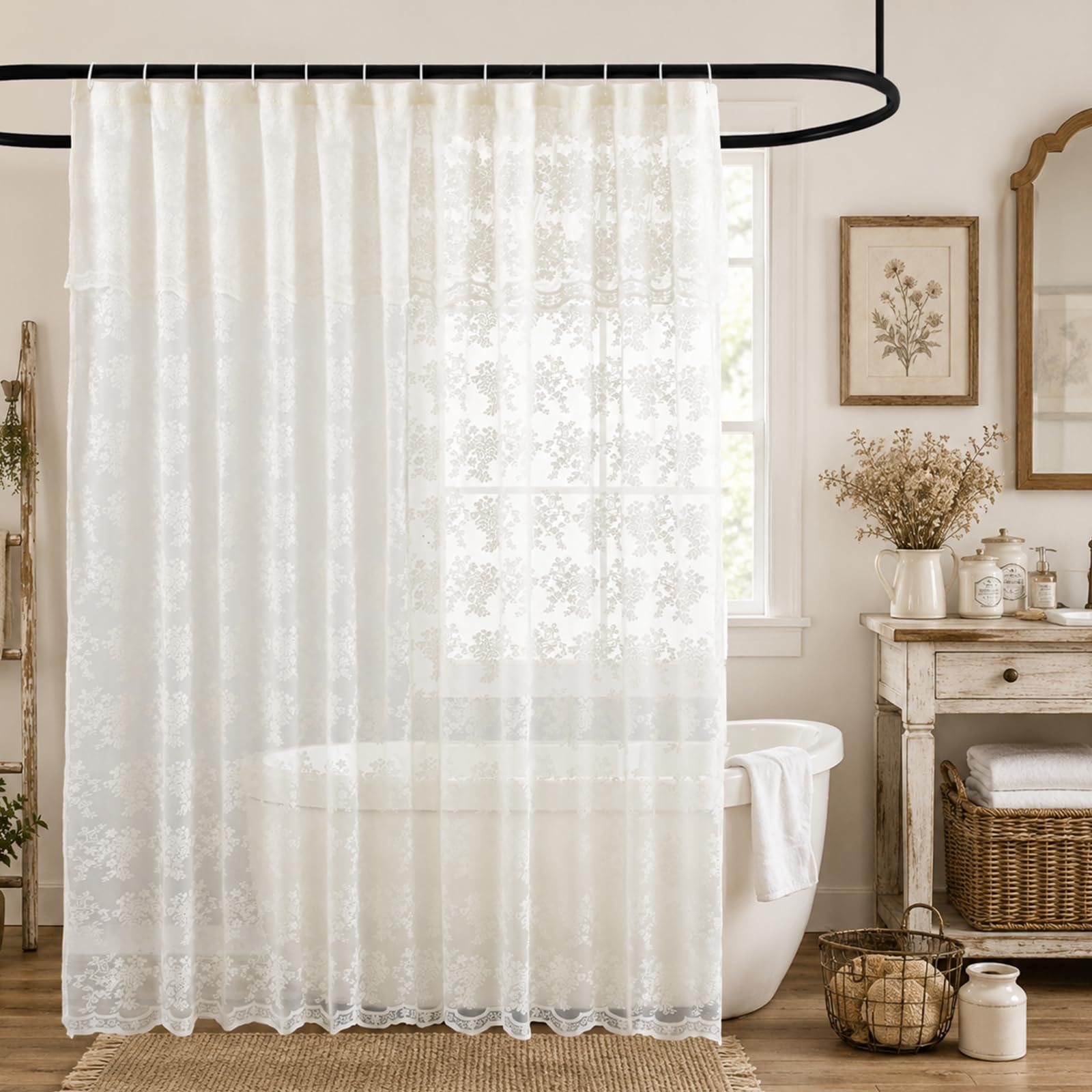 TUDECO Spitzen-Duschvorhang mit angenähtem Volant, rustikales Blumenmuster, durchscheinende Duschvorhänge für Badezimmer, gewellter Rand, verstärkte Löcher, elfenbeinfarbenes Badezimmer-Dekor, 183 x
