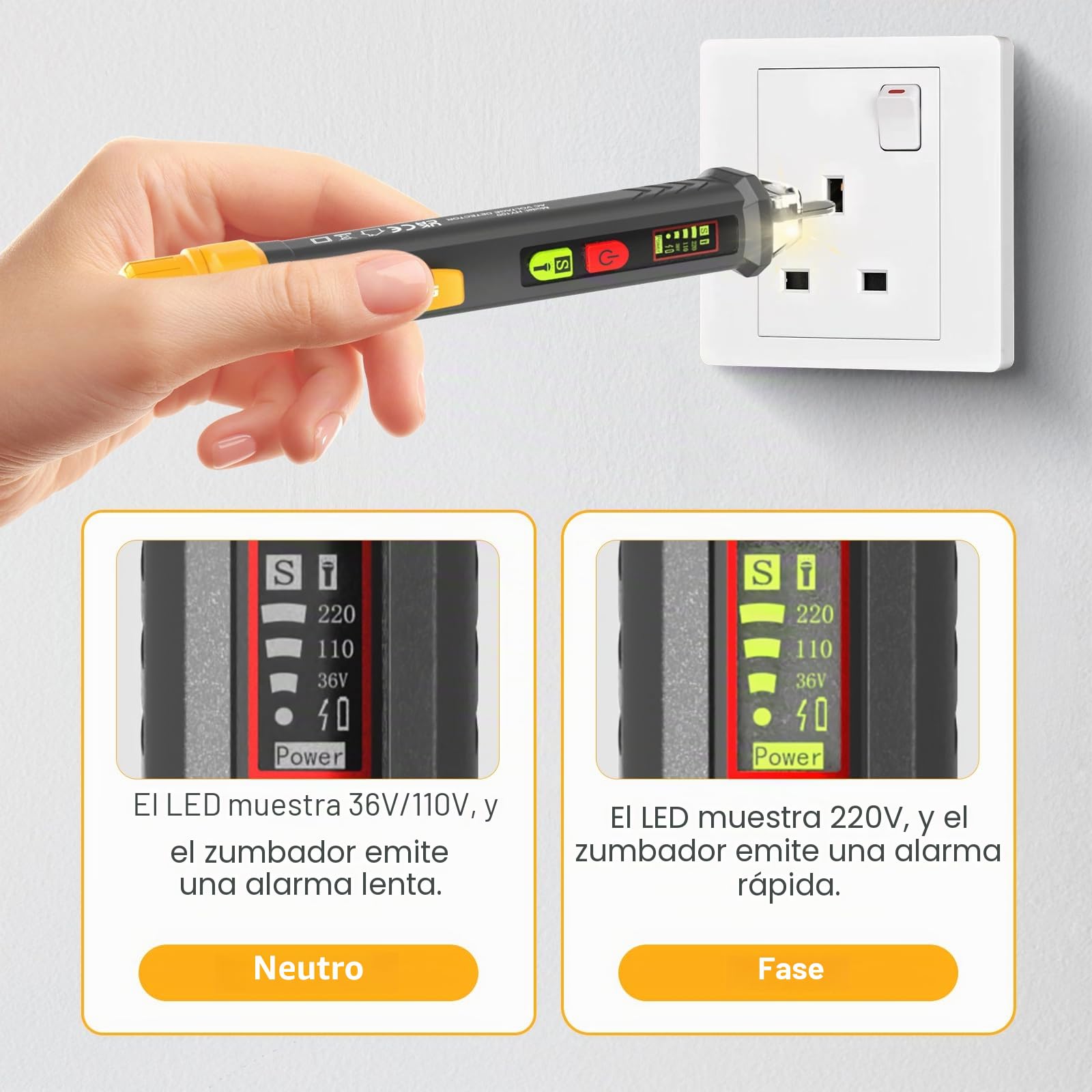 SURFOU Detector de Voltaje sin Contacto AC 12V/48V-1000V con NCV, Linterna LED, Alarma Sonora, Detección de Cable Vivo/Neutro y Rotura de Cables, para Electricistas y Bricolaje