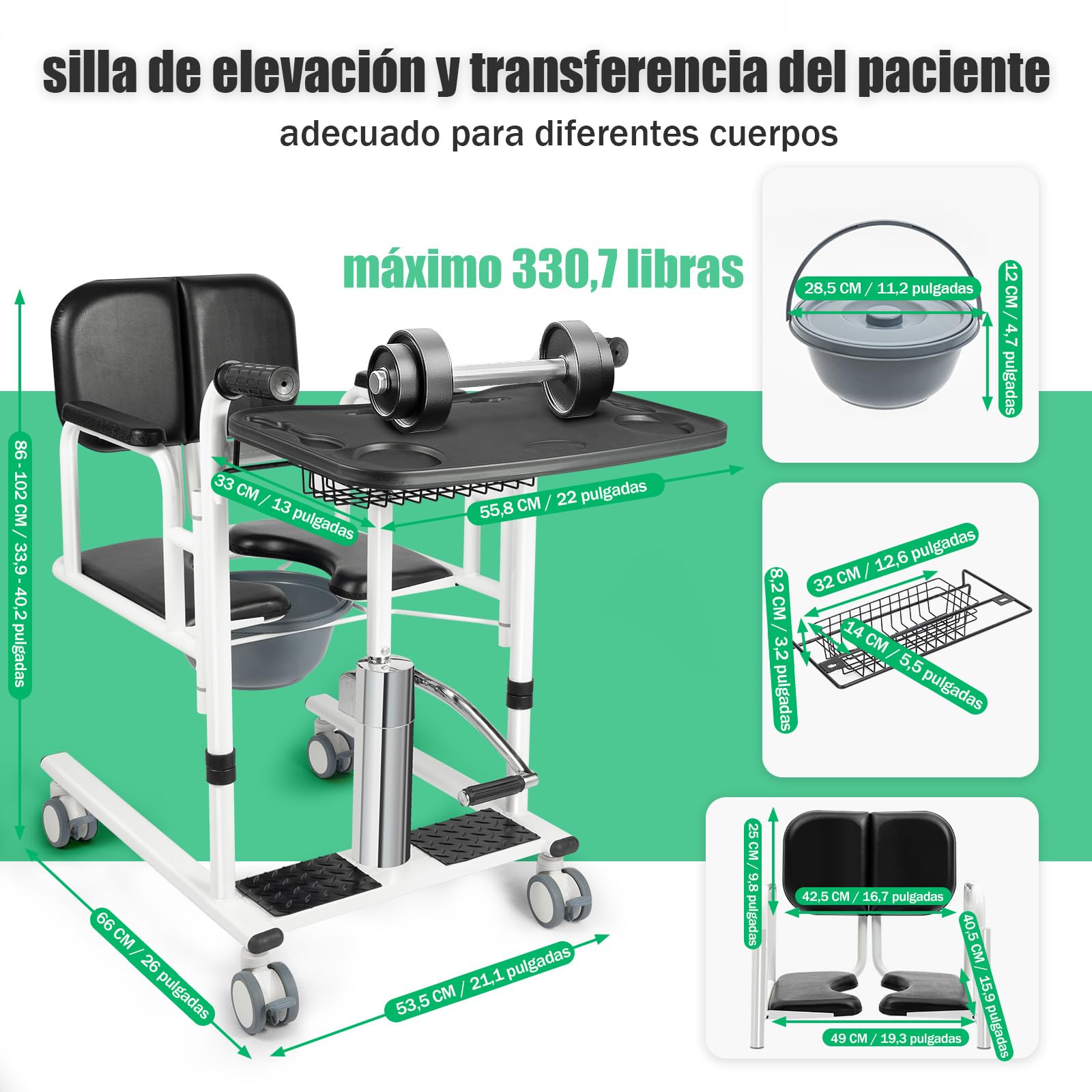 Silla hidráulica elevadora de pacientes, silla de transferencia multifuncional de acero con capacidad de carga de 150 kg y altura del asiento ajustable, para personas mayores y personas