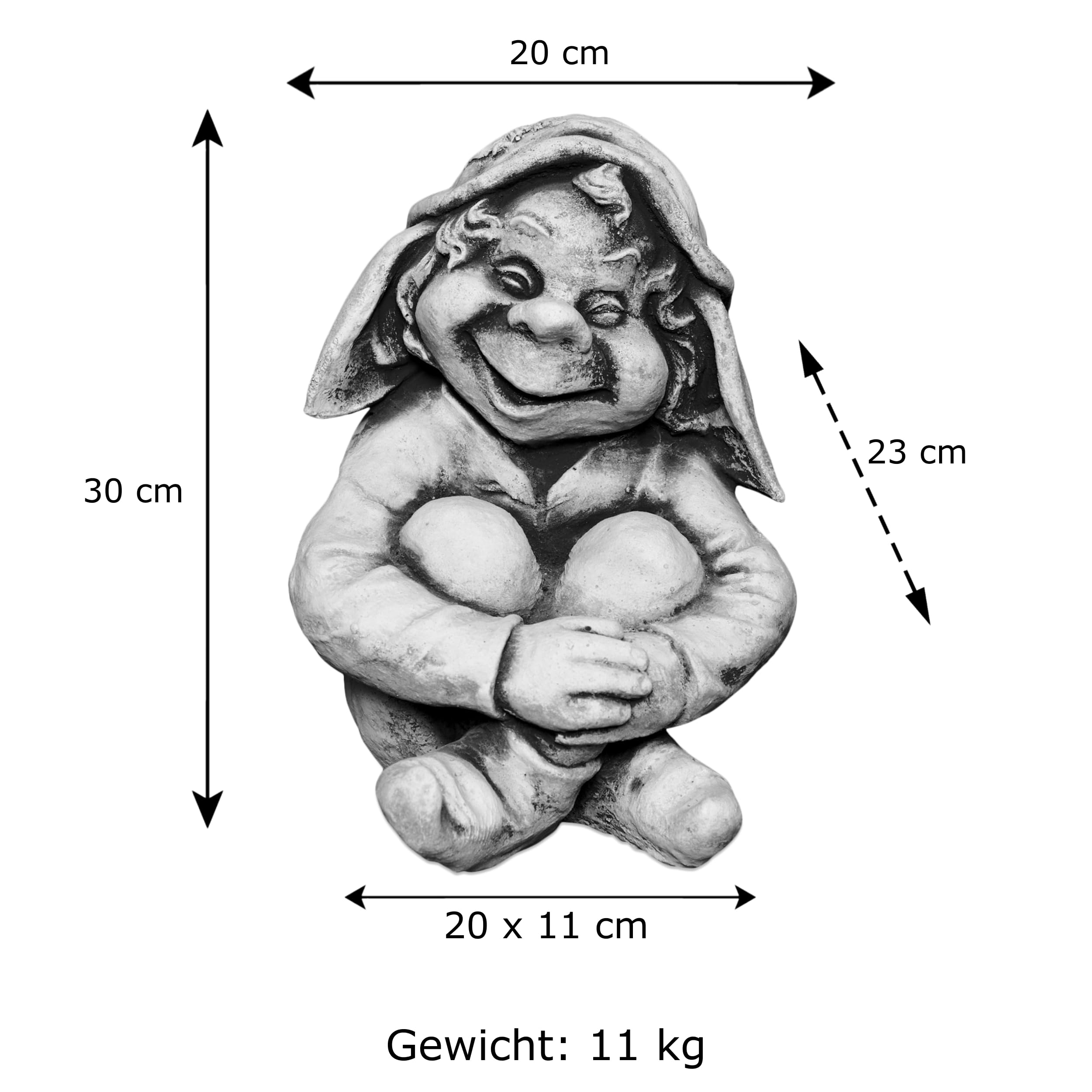 gartendekoparadies.de Gnom als lustiger Freund, Steinfigur Wichtel, H. 30 cm, 11 kg, Grau, frostsicher aus Steinguss für Außenbereich