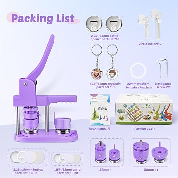 Badge Maker 32+58mm 200 Sets Button Maker Machine, DIY Pin Badge Making Kit Badge Punch Press Machine with 10 Bottle Openers, 10 Key Rings, Moulds and Circle Paper Cutter Plastic KEYSAFER
