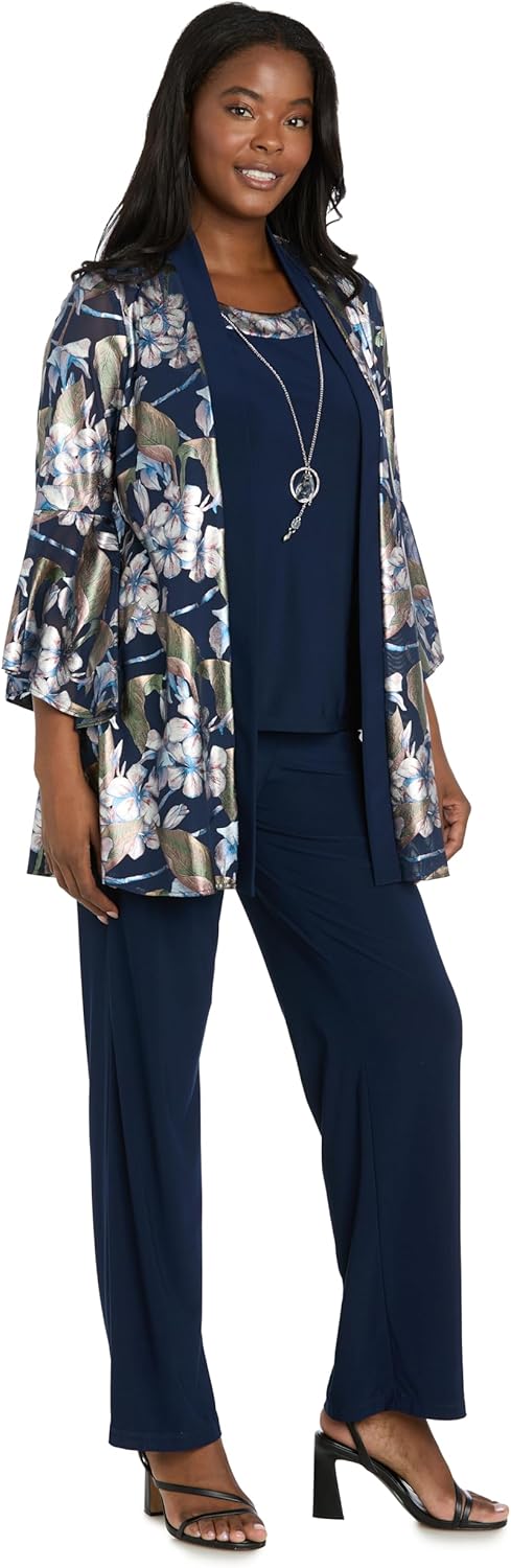 R&M Richards Women's 2-Piece Pant Set - Floral Foil Print Jacket W/Bell Sleeves, Mock Top Detail, Necklace & Pull-On Pants