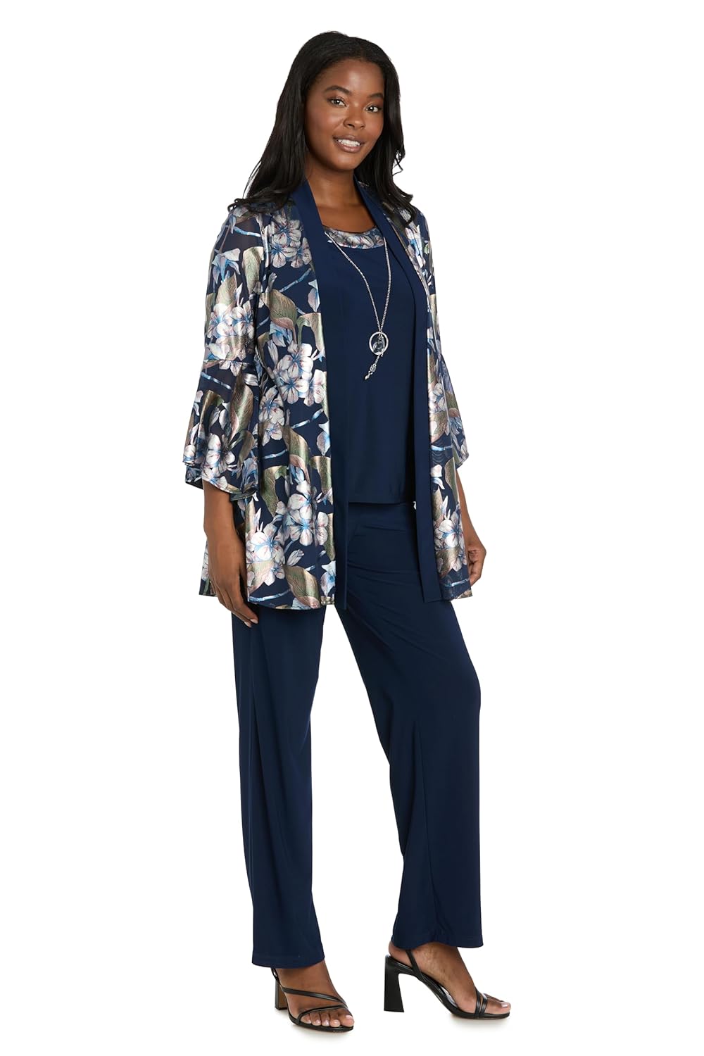 R M Richards Womens 2-Piece Pant Set - Floral Foil Print Jacket W Bell Sleeves Mock Top Detail