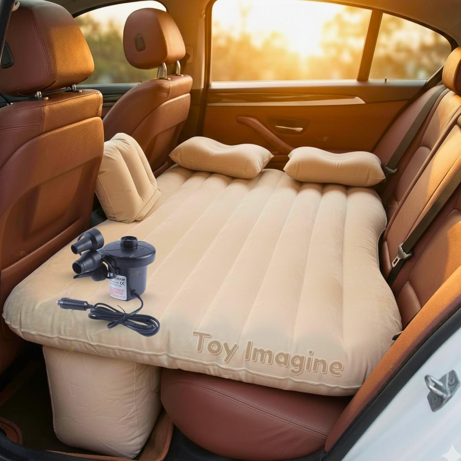 Toy Imagine Car Inflatable Bed with Air Pump & 2 Pillows | Quick Inflatable Back Seat Bed | Car Bed for Kids,Travel,Trip,Camping,Picnic,Pool & Beach | Universal Fit | Beige