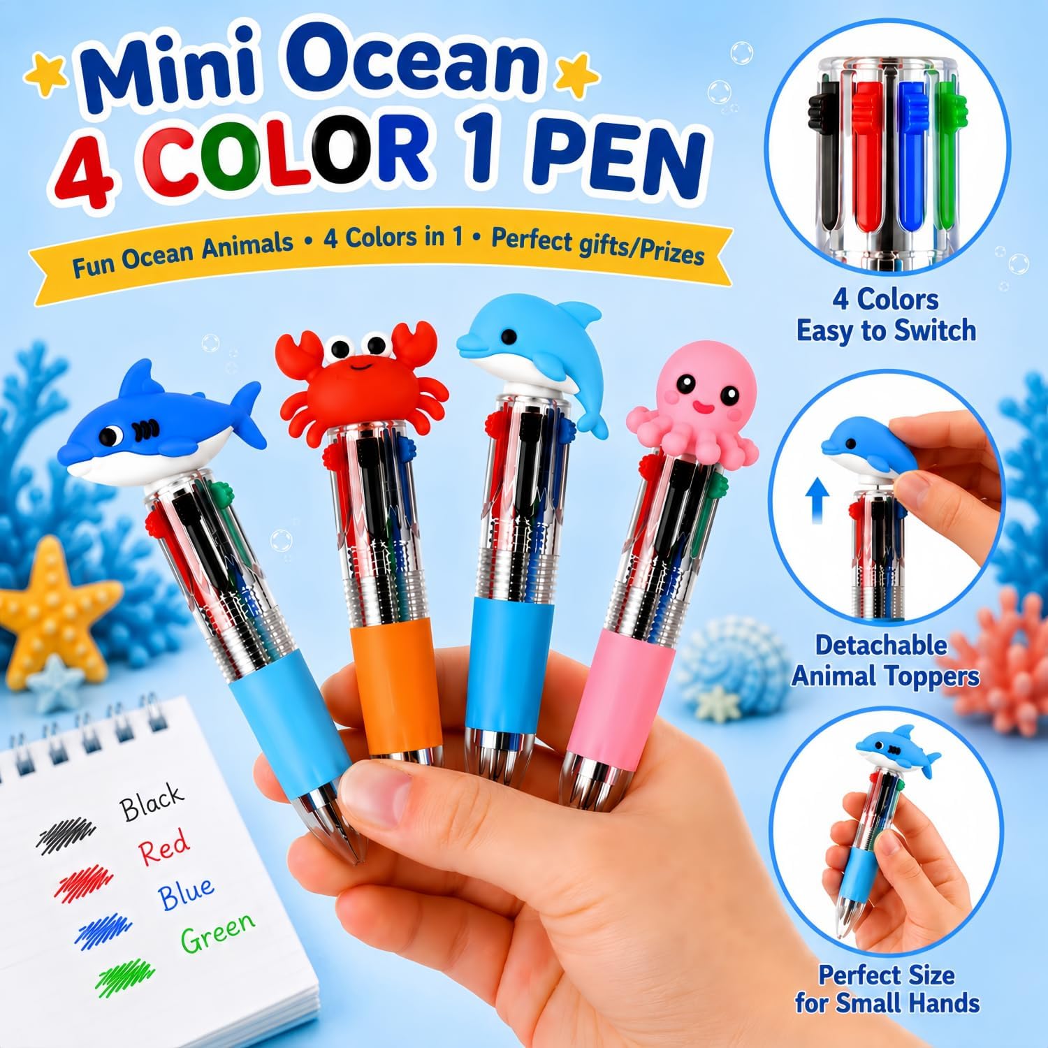 20 Pack Mini Ocean Animal 4-Color Pens, Kawaii Under the Sea Party Favors image 3