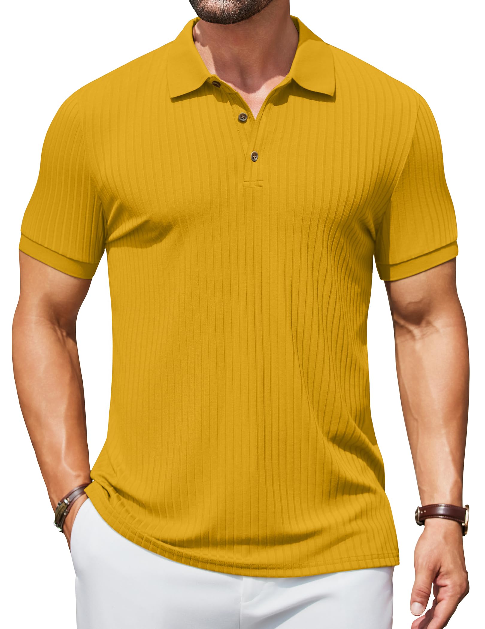 Men's Polo Shirt Short Sleeve Knitted Poloshirt with Buttons Summer Polo Ribbed T-Shirt Golf Shirts