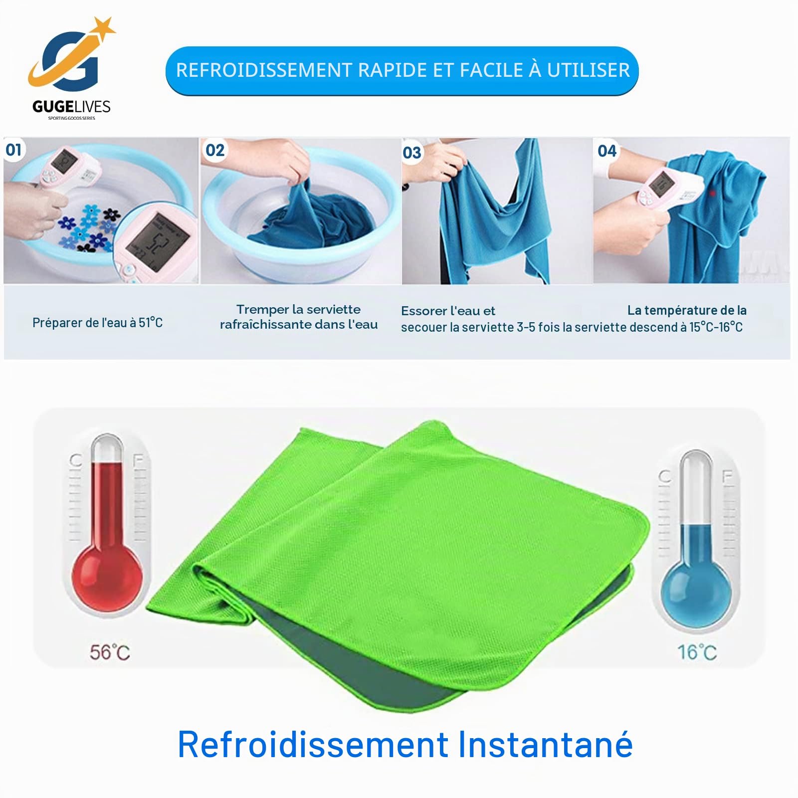 GUGELIVES Lot de 10 serviettes rafraîchissantes pour sports glacés, rafraîchissements instantanés, pour yoga, voyage, golf, gym, camping, fitness, course à pied, entraînement et autres activités (88,9