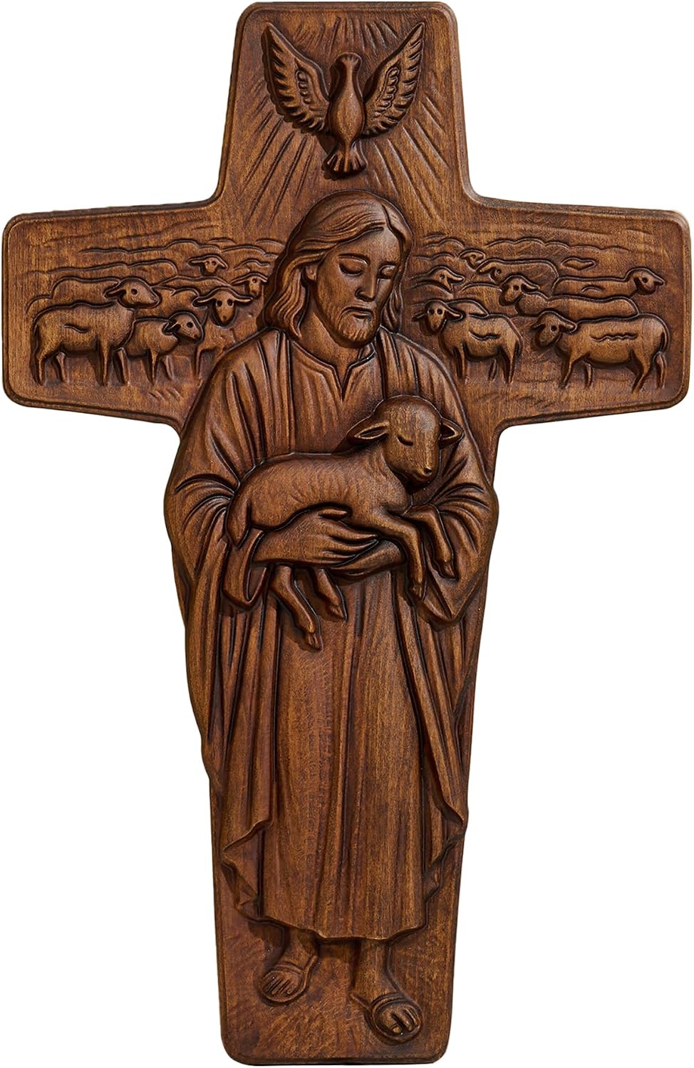 BGCarvedGrace Wooden Cross Wall Decor, Jesus Good Shepherd Carving | Religious Home Accent, Brown Wood
