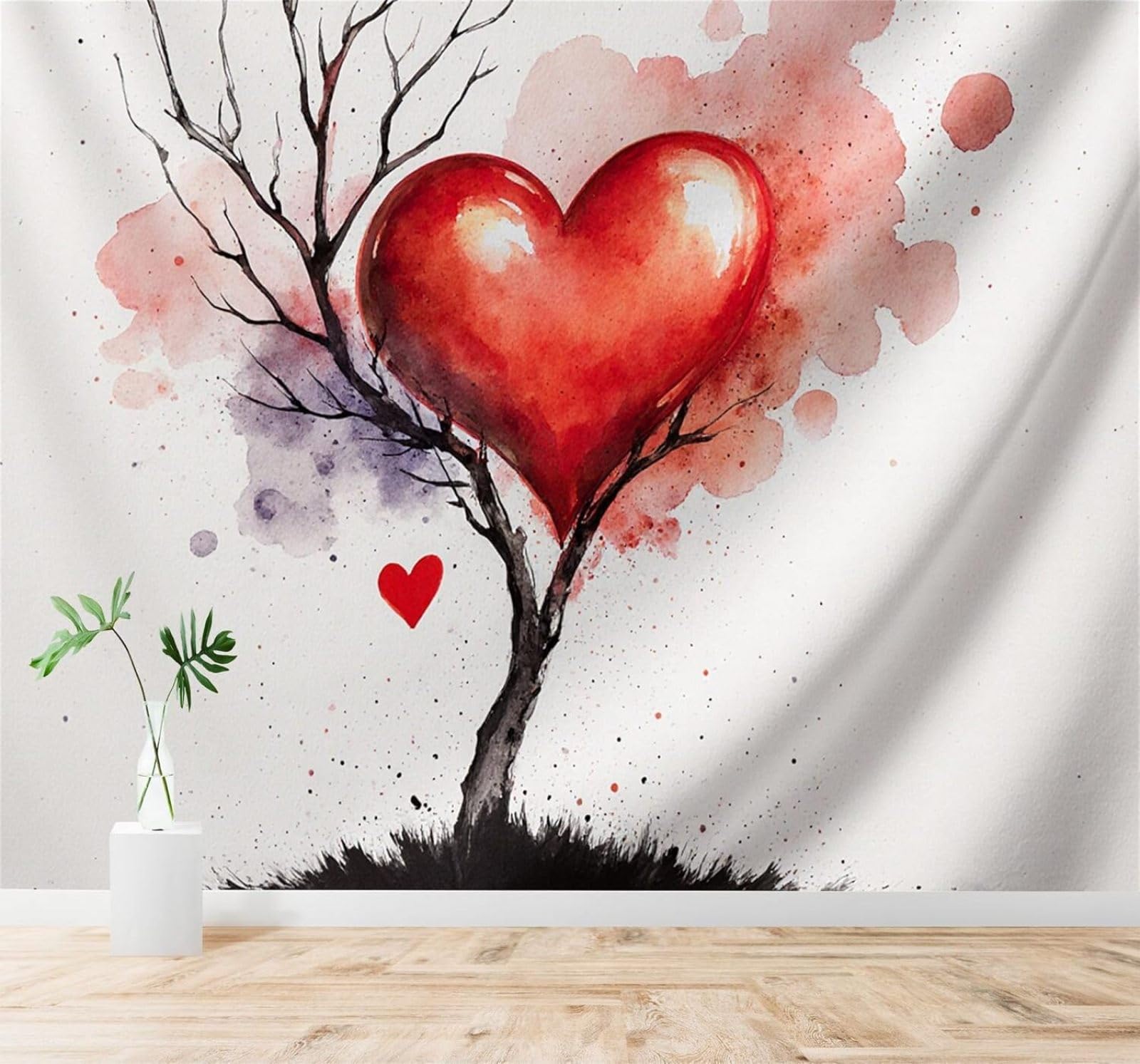 Xlming 350Cm×256Cm(B×H) Abstract Branches Red Art Watercolour Heart Shaped Tree 3D Wallpaper Silky Texture Home Study Office Grey Dining Room Sofa Bedroom Living Room Tv Backdrop-350Cm×256Cm