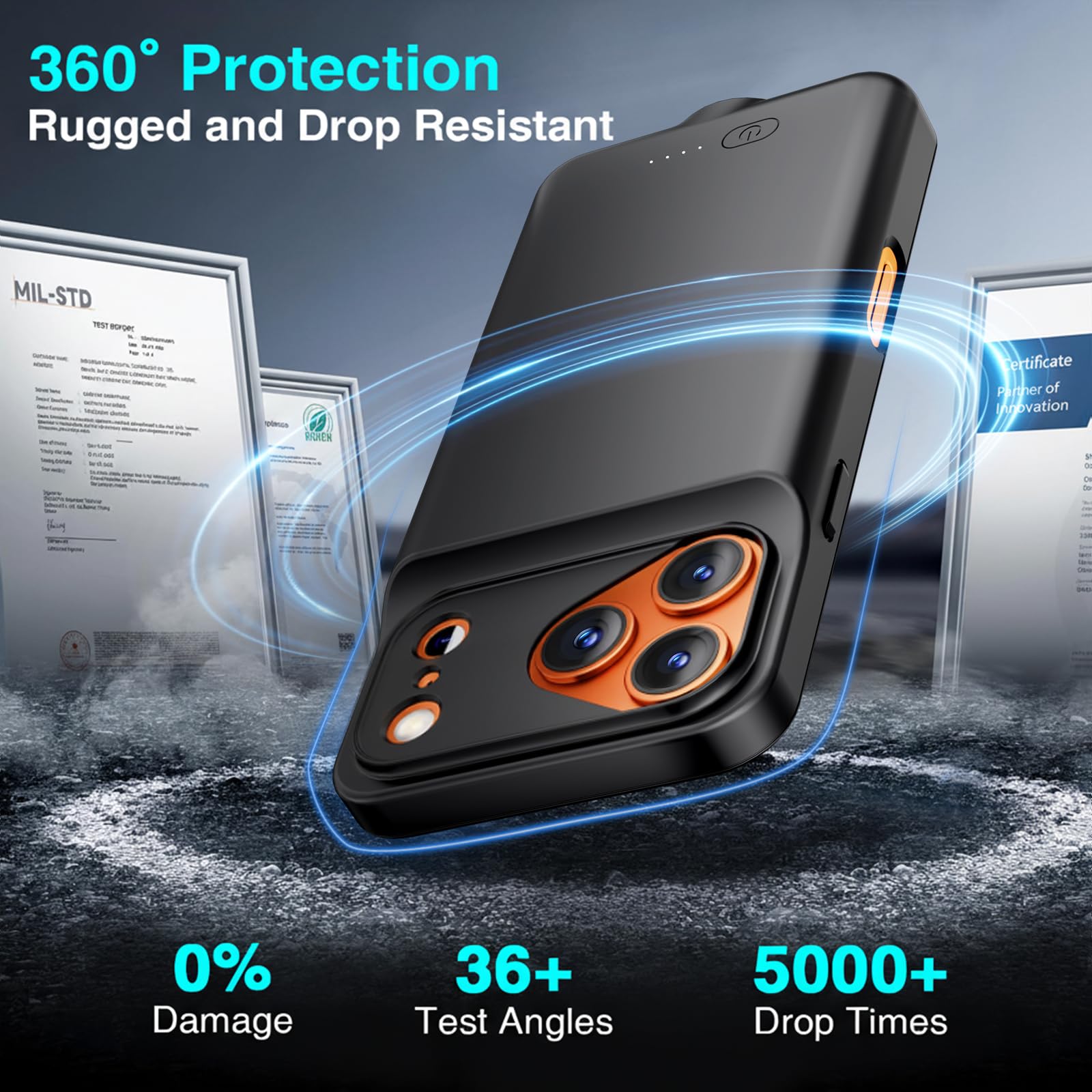 BOPPS Custodia con batteria per iPhone 17 Pro Max con 【2025 nuovo】, custodia caricabatterie portatile da 8500 mAh, protezione a 360°, custodia di ricarica estesa nera