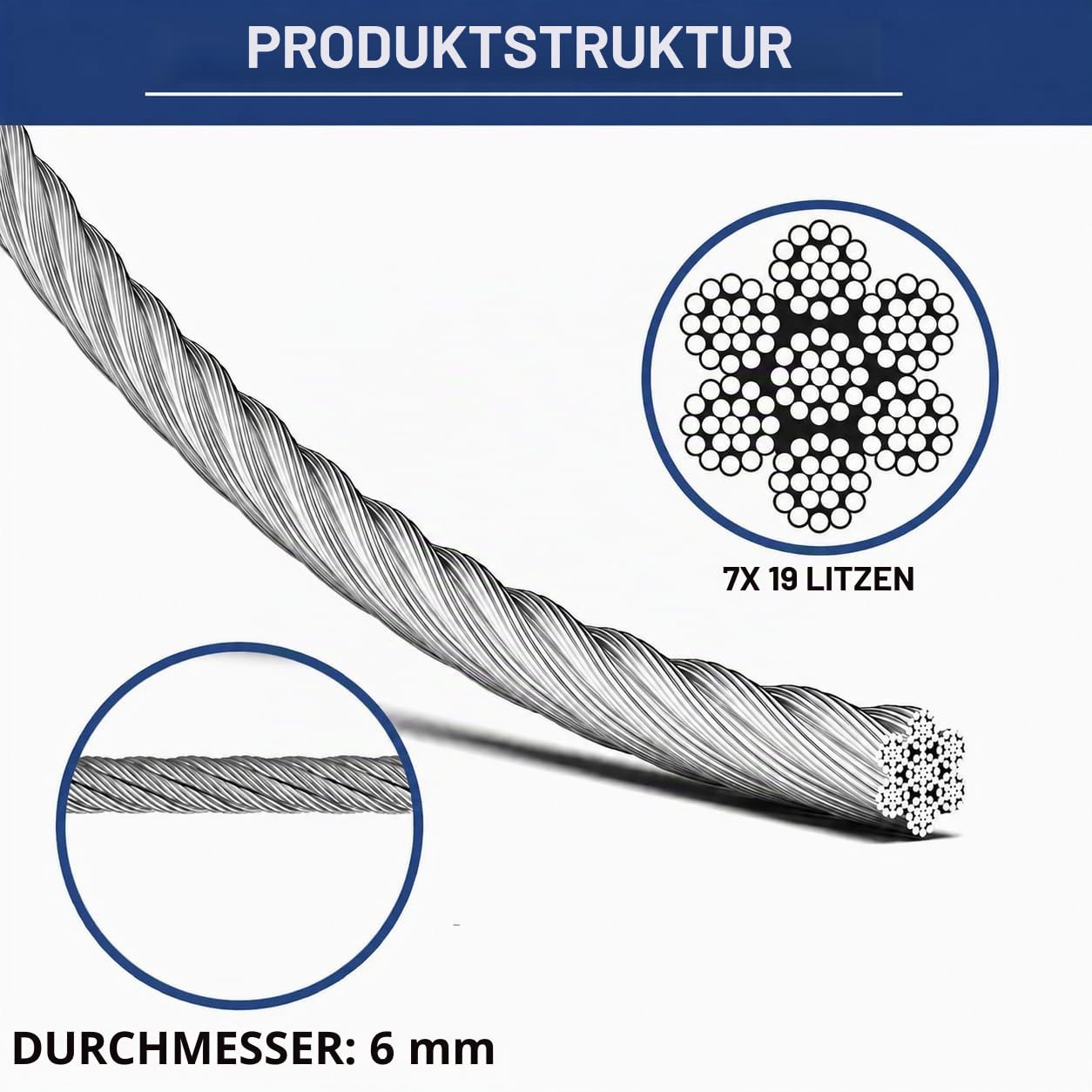 Edelstahldrahtseil Ø 6mm, 7,6 Meter Drahtseil Edelstahl, 7x19 Litzenkern, 304 Edelstahl Stahlseil mit Ösen, 2900kg Bruchfestigkeit