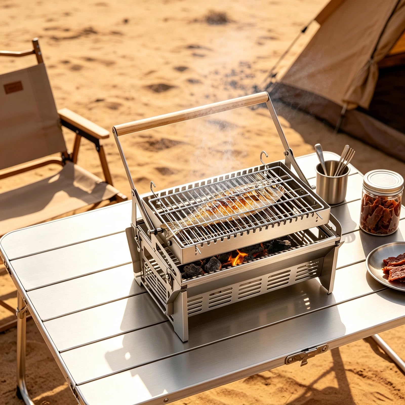 Barbacoa de carbón vegetal giratoria 360°, 2 en 1, de acero inoxidable, 43 x 28 x 39 cm | Tamaño de la parrilla: 22,6 x 36 cm, desmontables y portátiles, barbacoa plegable para camping, picnics, fiestas en el jardín
