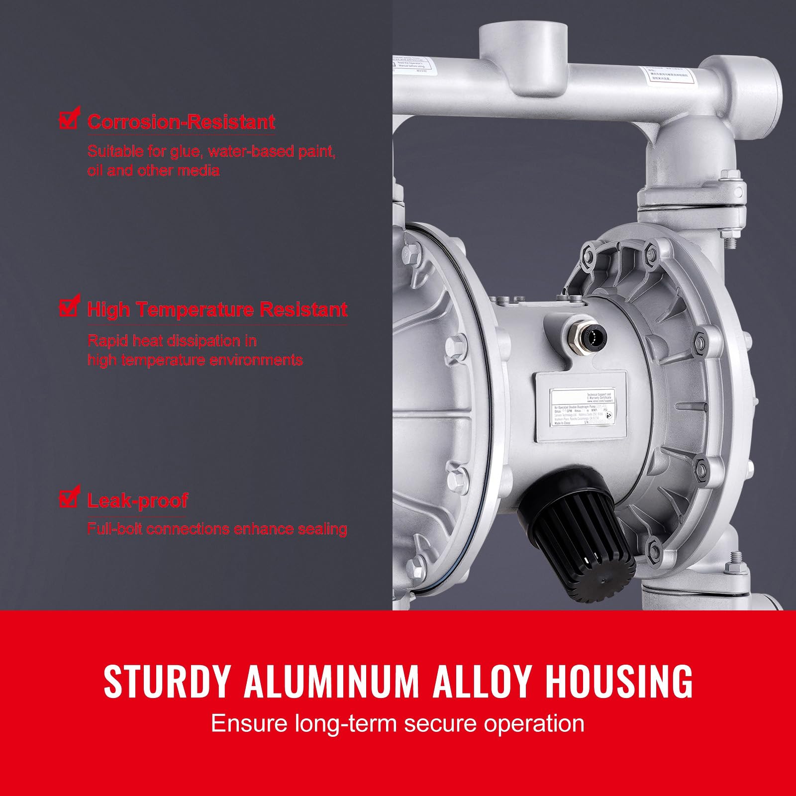 Happybuy Air Operated Double Diaphragm Pump, 44GPM, 1-1/2 inch Inlet & Outlet Aluminum Alloy Diaphragm Pump for Diesel Grease Oil,Max 115PSI Air Waste Oil Pneumatic Transfer Pump