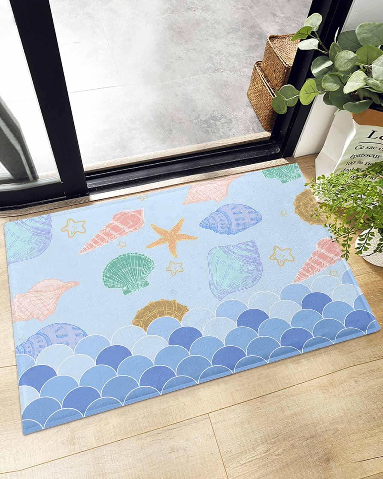 Indoor Doormat Watercolor Sea Shell Starfish Conch,Shaggy Floor Mat with Non-Skid Backing Marine Ocean Life Circle on Blue,Machine Washable Plush Area Rug Carpets for Kitchen Nursery Bedroom