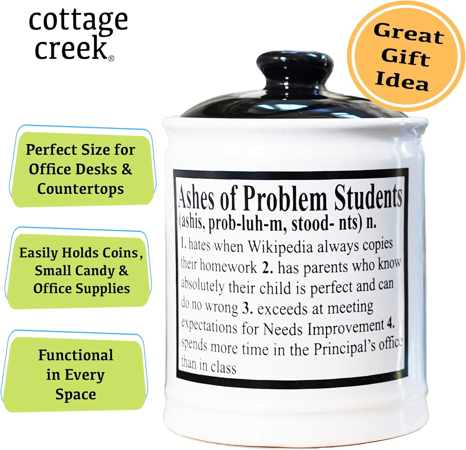 Cottage Creek Jars - Teacher Gifts, Ashes of Problem Students 6" Ceramic Decorative Jar with Lid, Gifts for Women, Men - Home & Office Decor for Teacher Appreciation