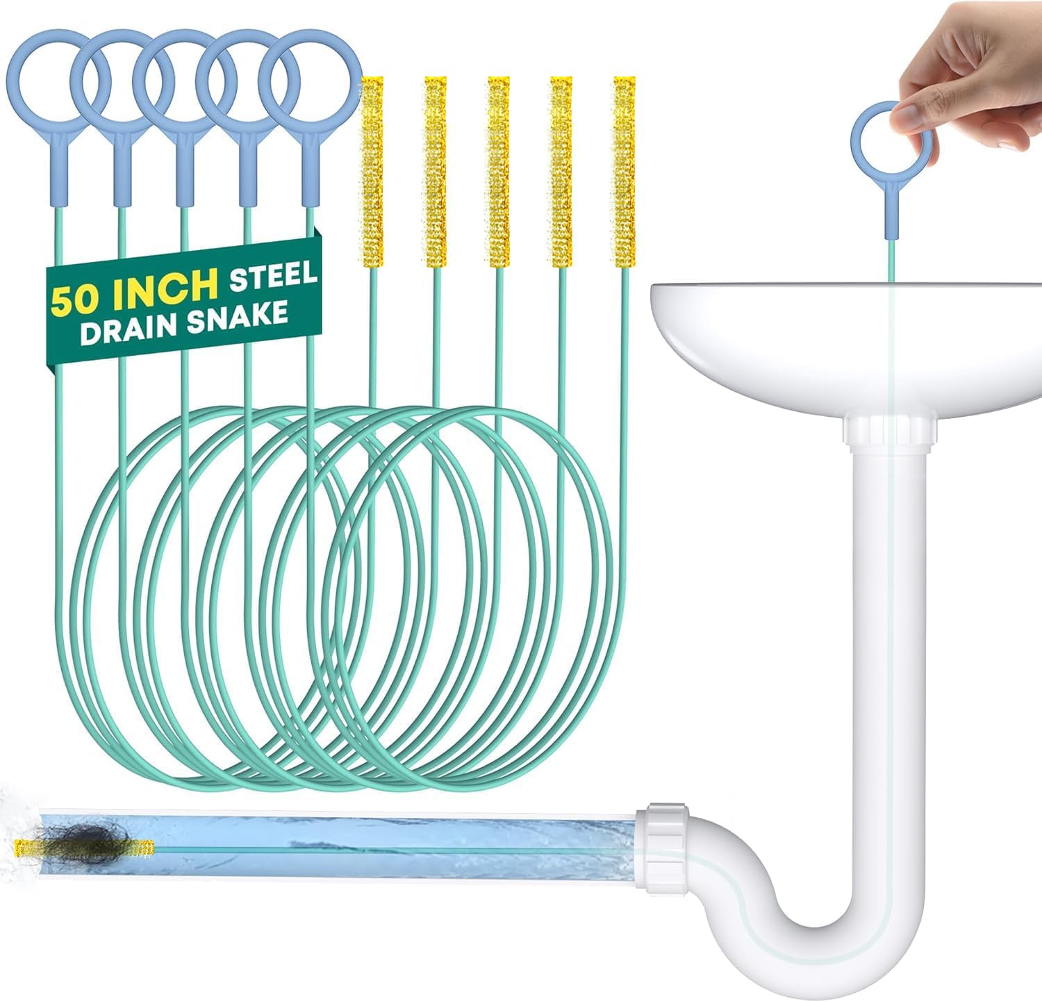 50 Inch Extra-Long Drain Snake, Unbreakable Dual-Layer Steel Shower Drain Unblocker Tool with Nylon Layer, Drain Cleaning Tool for Unclogging Drains in Bathrooms, Sinks, Showers, and Kitchens (5)