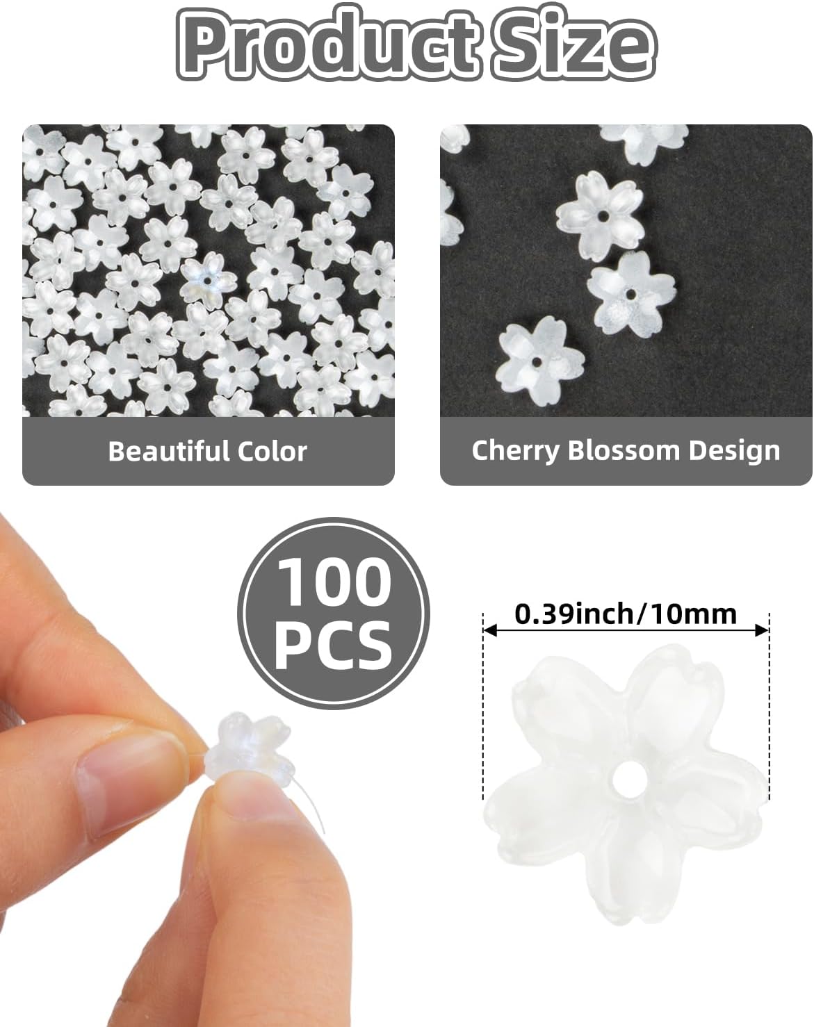 100pcs Flower Beads, Cherry Blossom Floral Beads for Jewelry Making Bracelets Earrings Necklace Pendant DIY Craft Beading Projects with Hole (White)