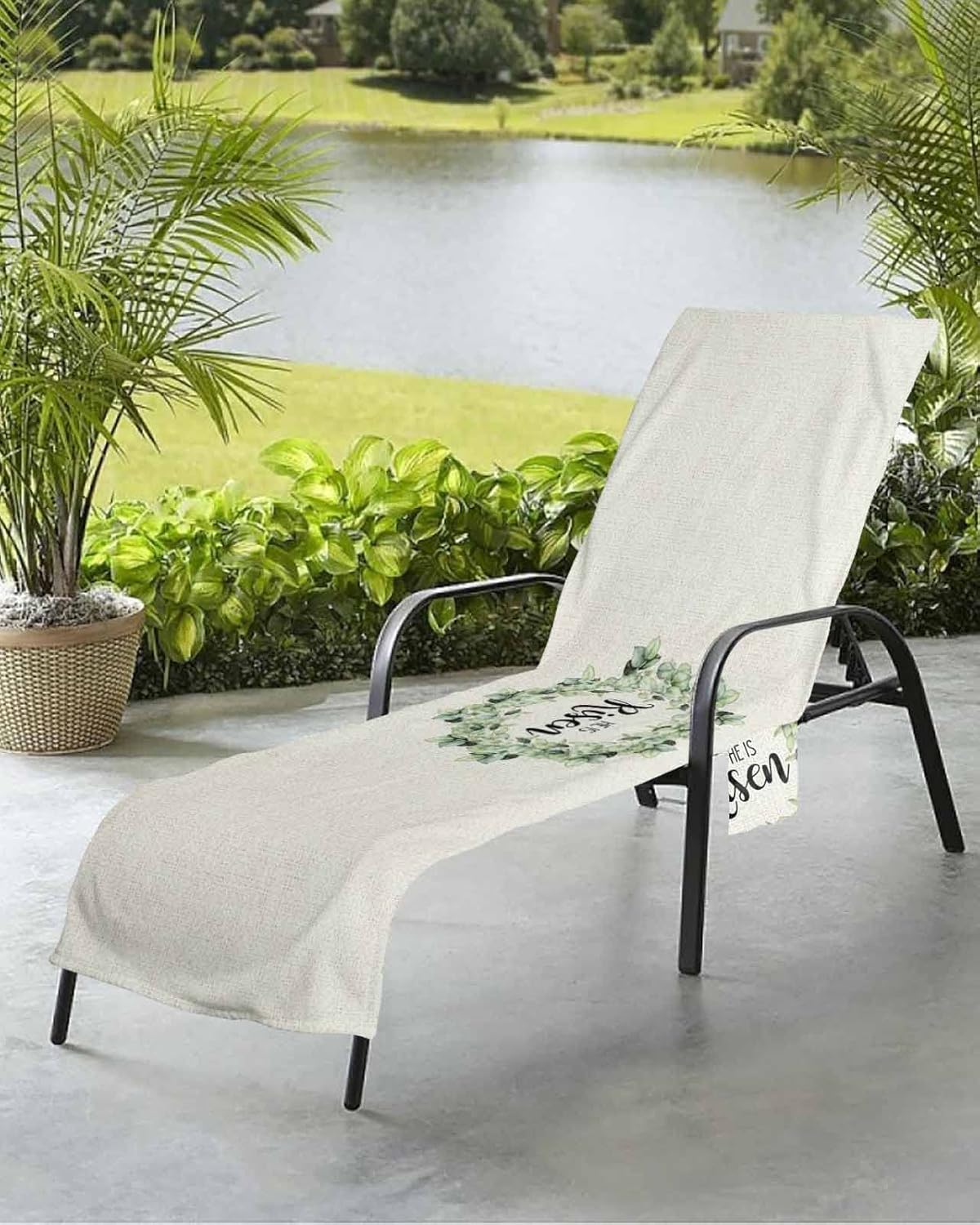 Easter Beach Pool Patio Lounge Chaise Chair Cover Towel With Pockets,Absorbent & Quick Dry Microfiber Towel Cover Bag Summer Accessories for Sunbathing Farmhouse Vintage Eucalyptus Leaves Wreath