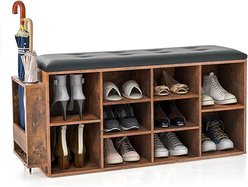 Giantex Banco de almacenamiento de entrada con soporte para paraguas, banco de almacenamiento de 10 cubos con estante ajustable y cojín acolchado de