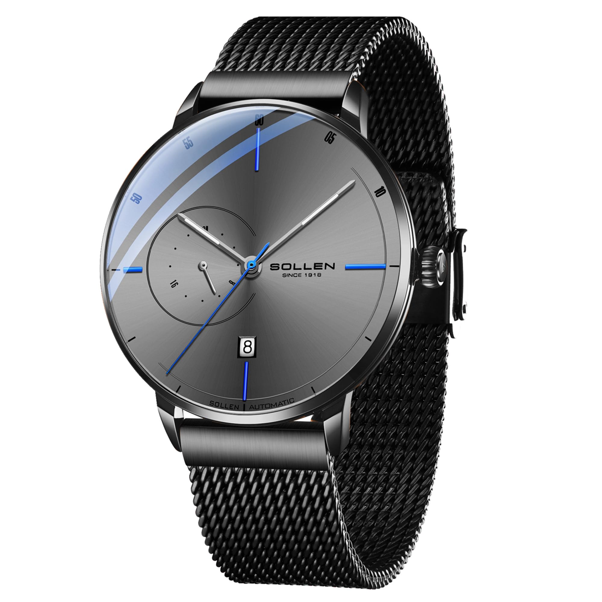 SOLLEN Minimalistische Automatikuhren Herren,Grau Automatische Herrenuhren,Originales Mechanisches Uhrwerk,3ATM Wasserdicht Leuchtend Selbstaufzug Herrenuhr mit Kalendar,Business Armbanduhr für Männer