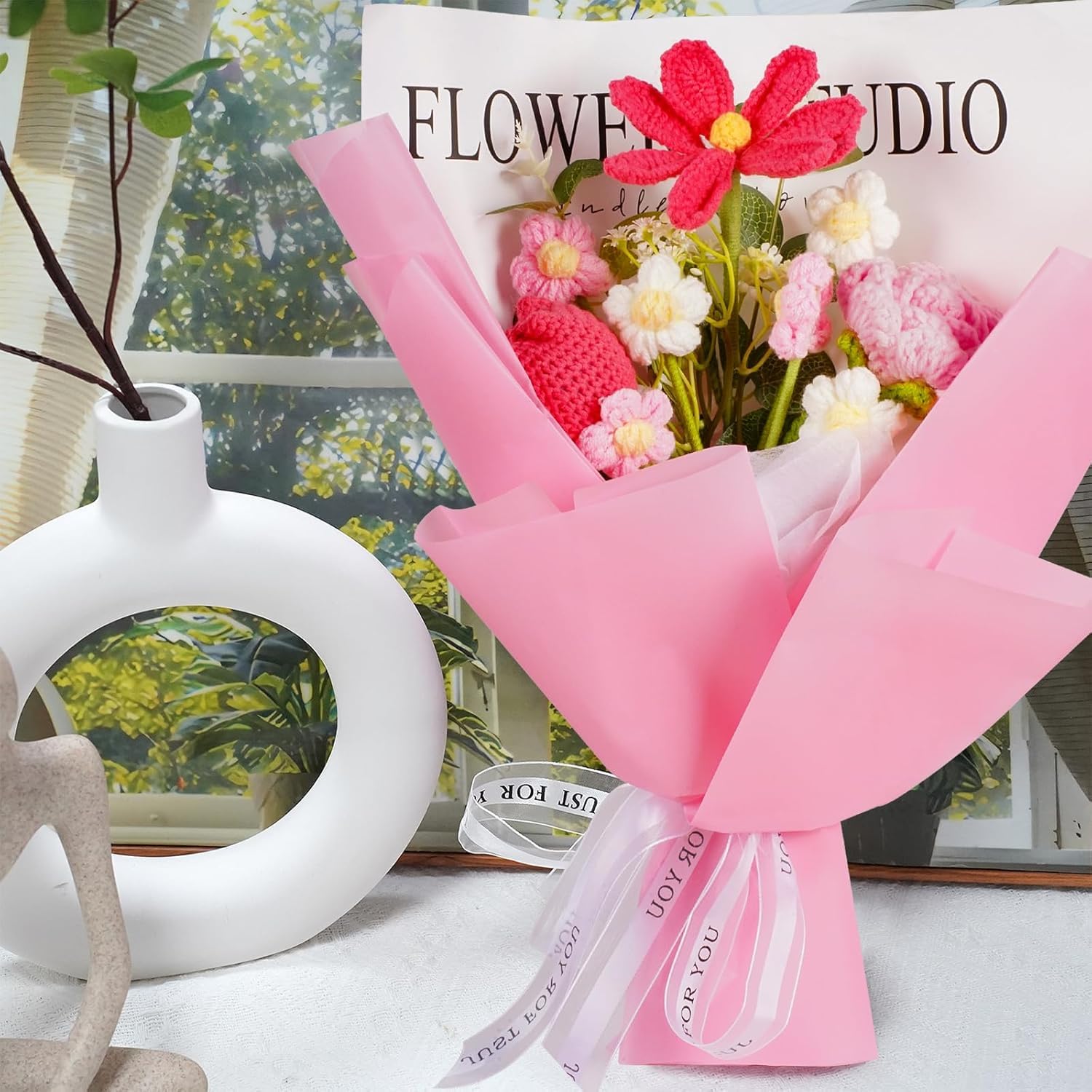 Gehäkelter Blumenstrauß in Rosa, Handgemachte Künstliche Blumen, Allergikerfreundliche Frühlingsdeko & Ästhetische Raumdeko