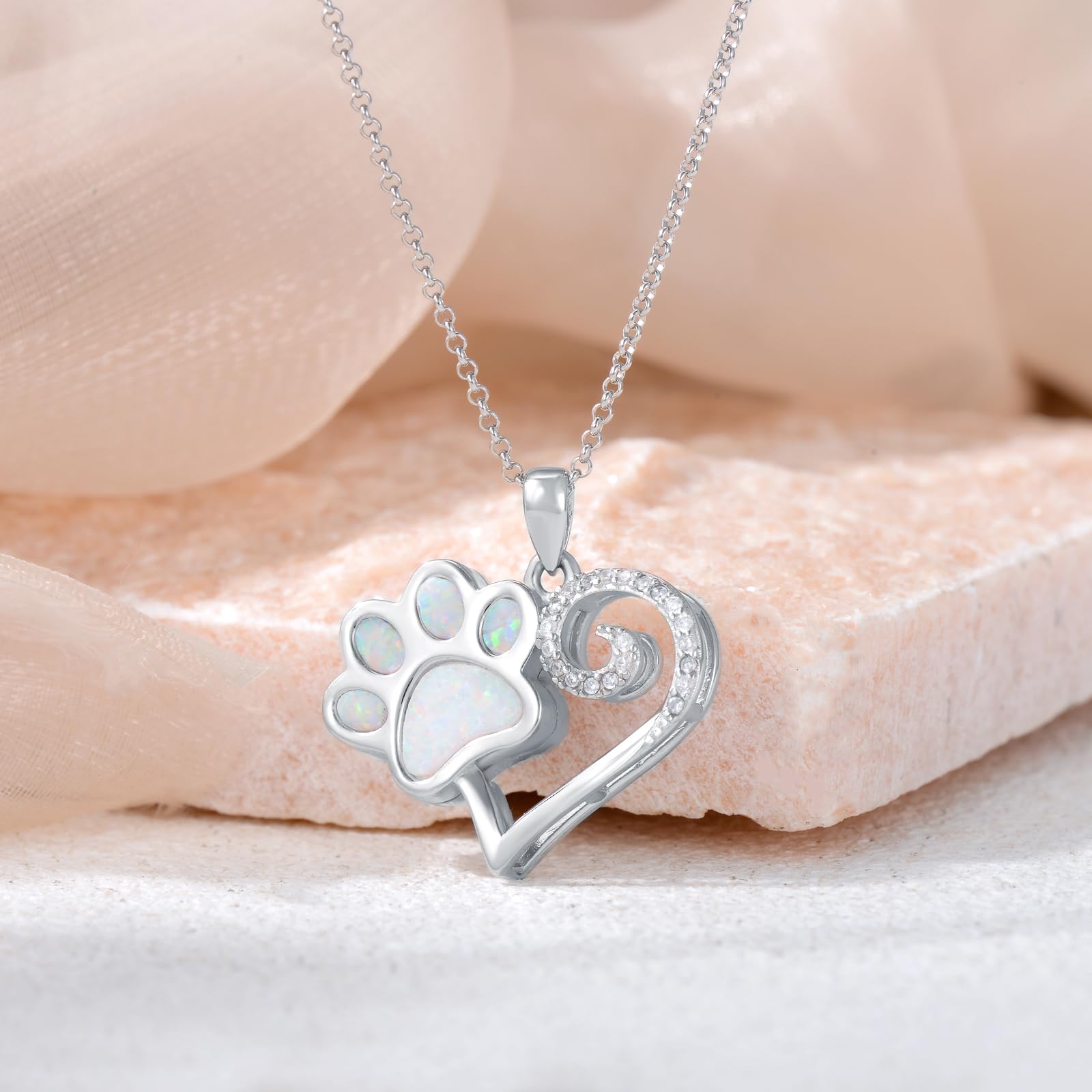 MEIDERBO Pet Cremation Jewelry for Ashes Sterling Silver Opal Dog Cat Paw Print Urn Necklace Keepsake Memorial Jewelry Gifts for Women