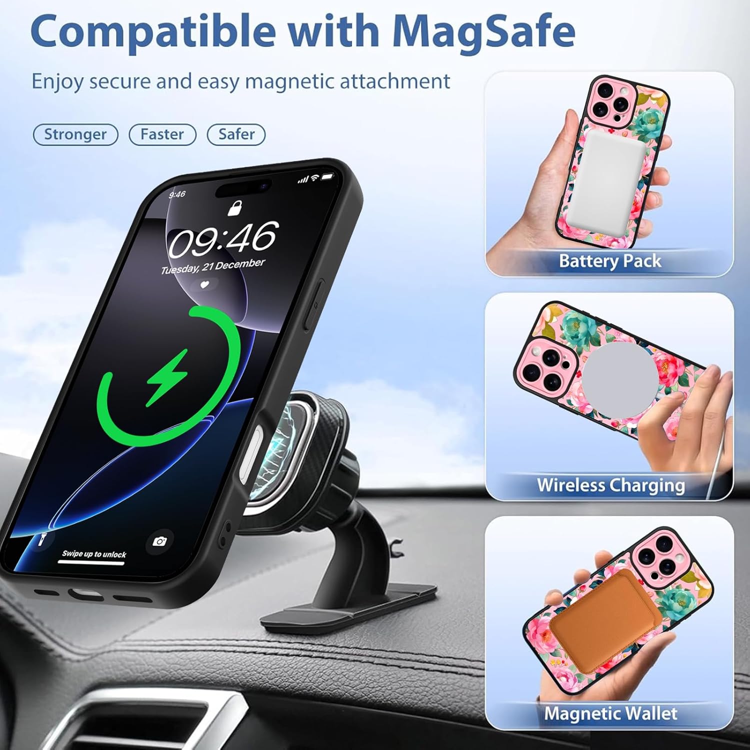 Magnetic Case for iPhone 16 Pro Max, Cute Peony Flower, Built in Wrist Strap Grip Hand Finger Kickstand Compatible with Magsafe Full Camera Protection Cover for Women Men, Pink
