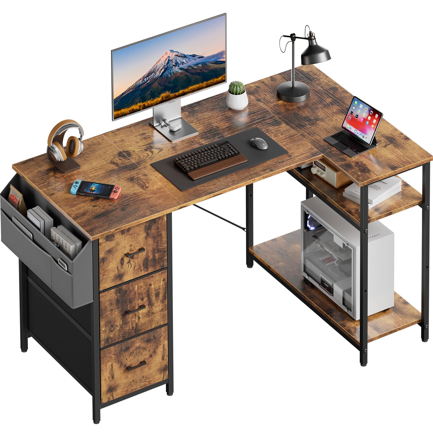 SOLAVERO Escritorio Esquinero, 120 x 78 cm Mesa Gaming, Escritorio en L con 3 Cajones, Mesa Ordenador con Bolsa de Almacenaje, Estante Ajustables, para Oficina en Casa, Estudio y Juegos, Marrón