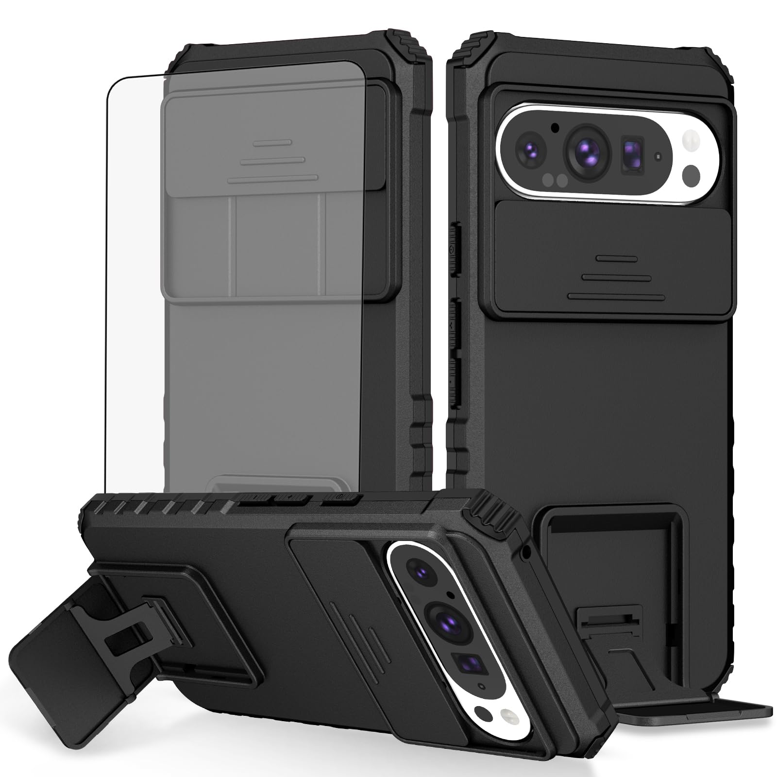 Asuwish Compatible With Google Pixel 9 Pro XL Phone Case Slide Camera Cover Tempered Glass Screen Protector Stand Ring Holder Rugged Slim Cell Pixel9 9pro