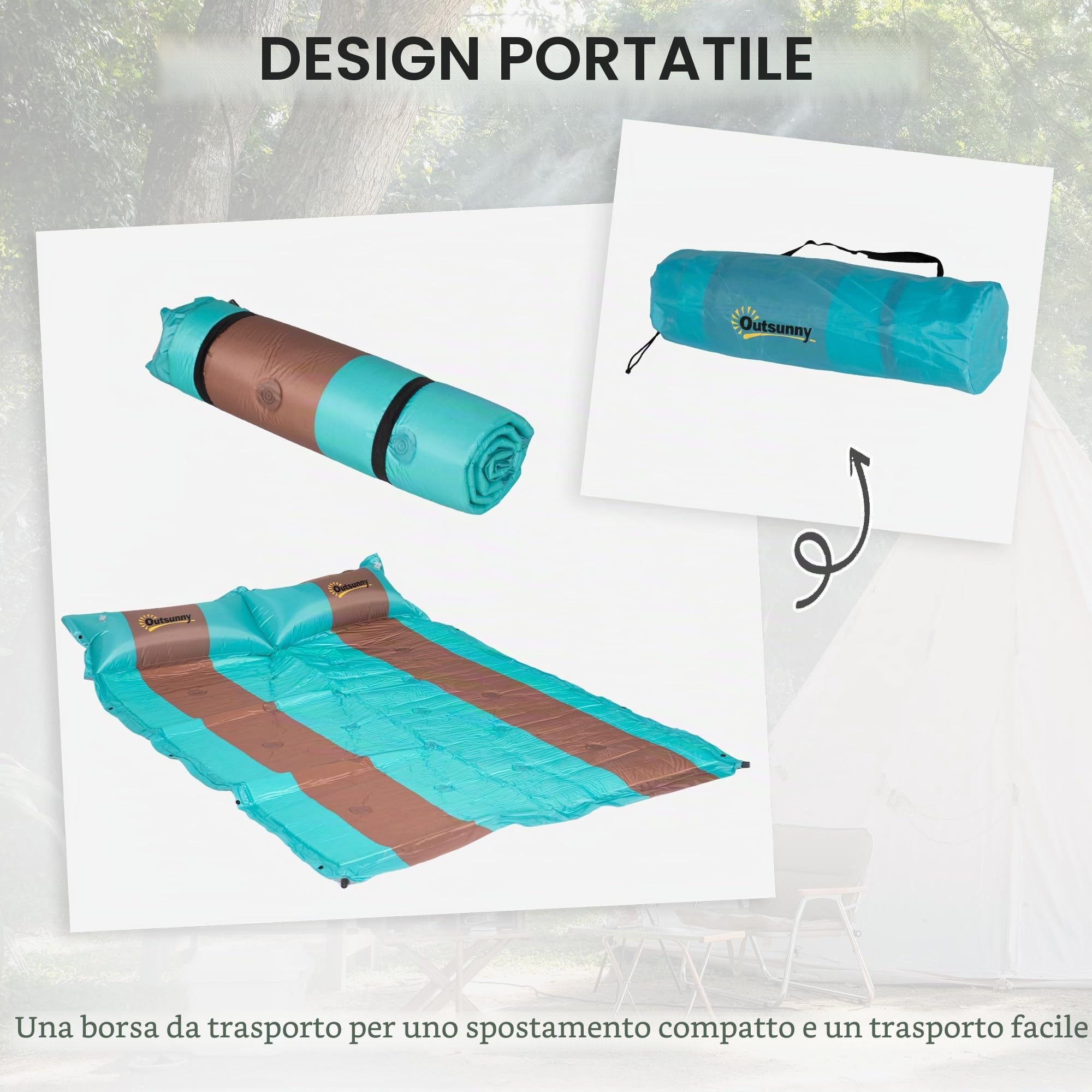 Outsunny Materassino da campeggio per 2 persone con cuscino e borsa per il trasporto - Ultra leggero - Materassino impermeabile per campeggio, viaggi ed escursioni