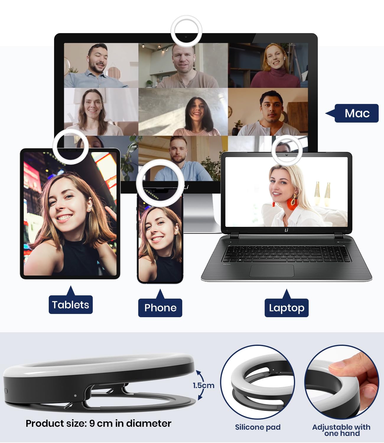 Luce ad anello per selfie, 40 LED, luce ad anello con tre modalità di colore, anello di ricarica USB, per cellulare, laptop, riunioni di zoom, trucco, videochiamate, streaming (nero)