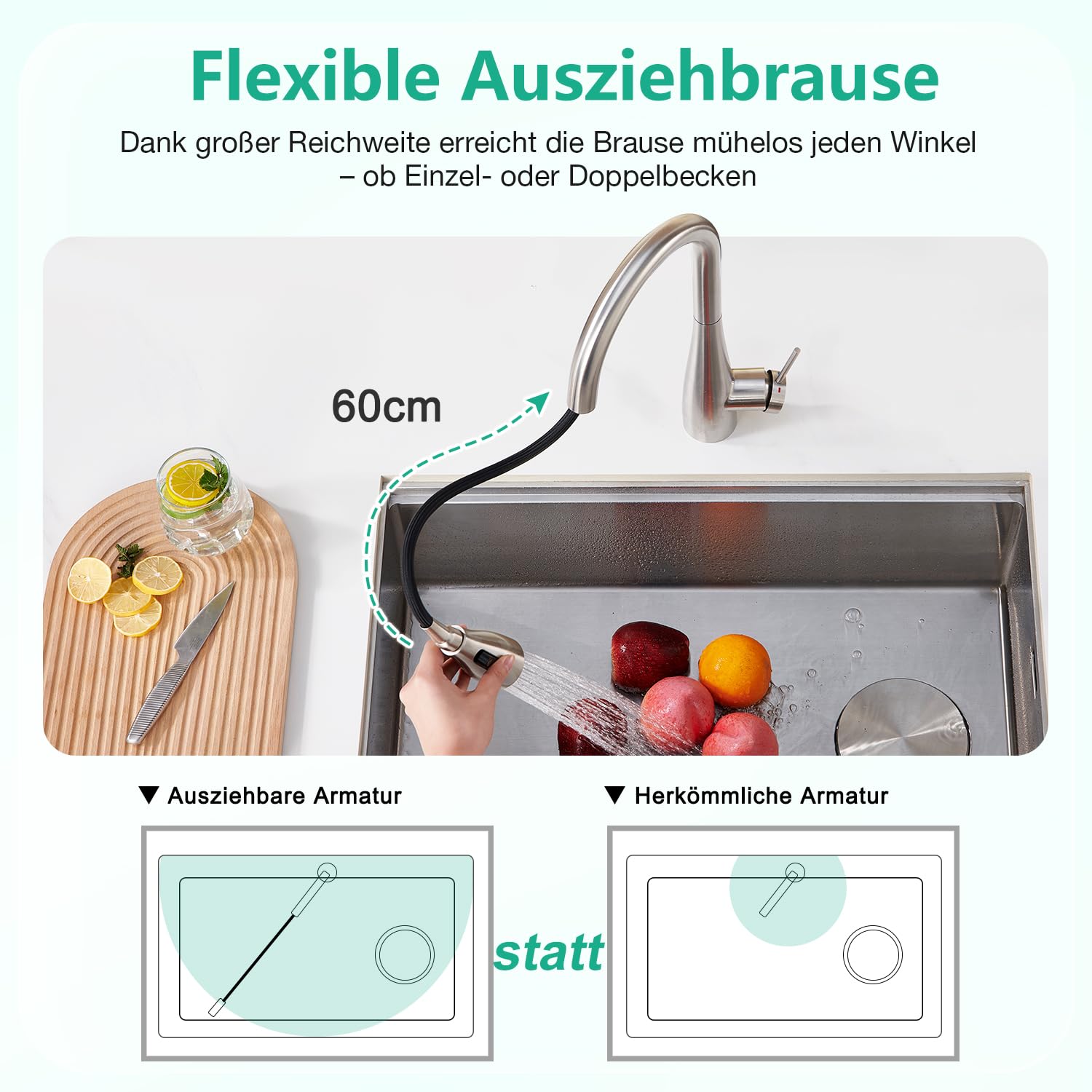CREA Wasserhahn Armatur Küche Ausziehbar, Küchenarmatur mit Brause 3 Wasserstrahlarten, Einhebelmischer Spültischarmatur, Gebürstet