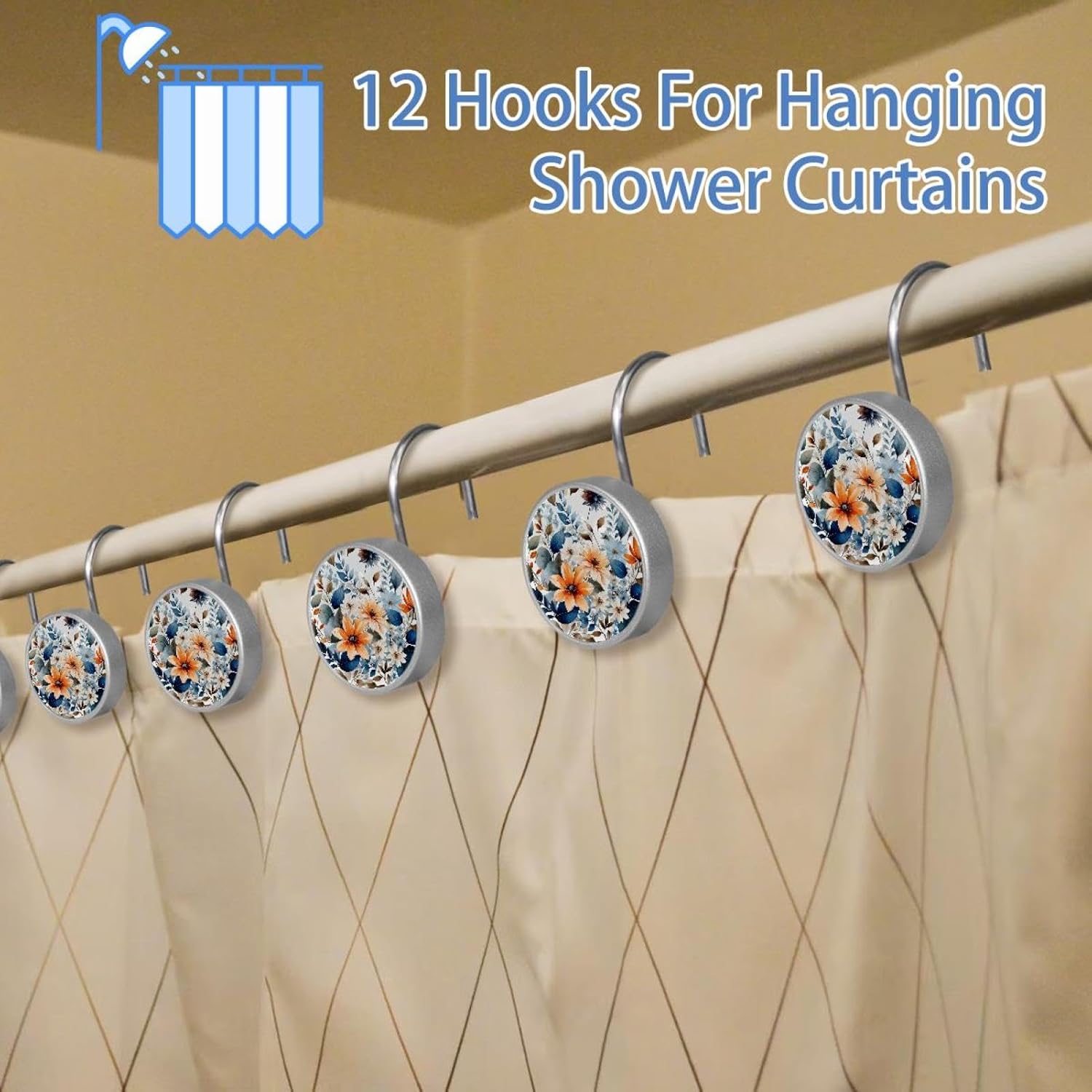 12PCS Flowers and Green Leaves Shower Curtain Hooks Rings for Bathroom, Decorative Shower Curtain Hooks Rods Curtains and Liner
