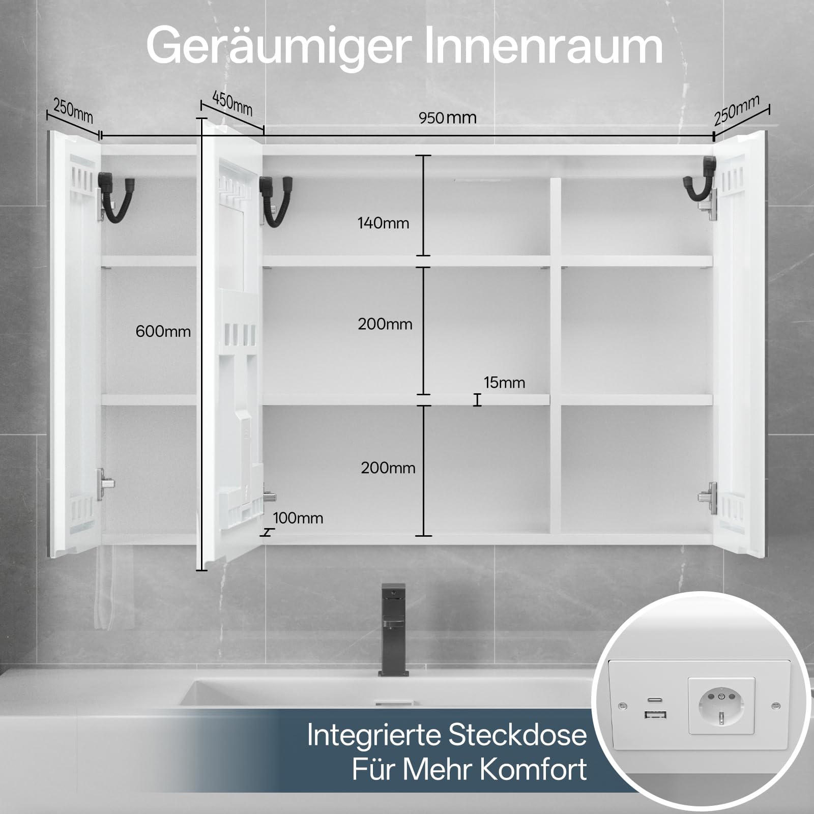 HySail Spiegelschrank Bad mit Beleuchtung, 3 Farbtemperaturen & Dimmbare Helligkeit, 95x60x14 cm Badezimmer Spiegelschrank mit Touch-Schalter, Anti-Beschlag & Steckdose, Komplett Vormontiert