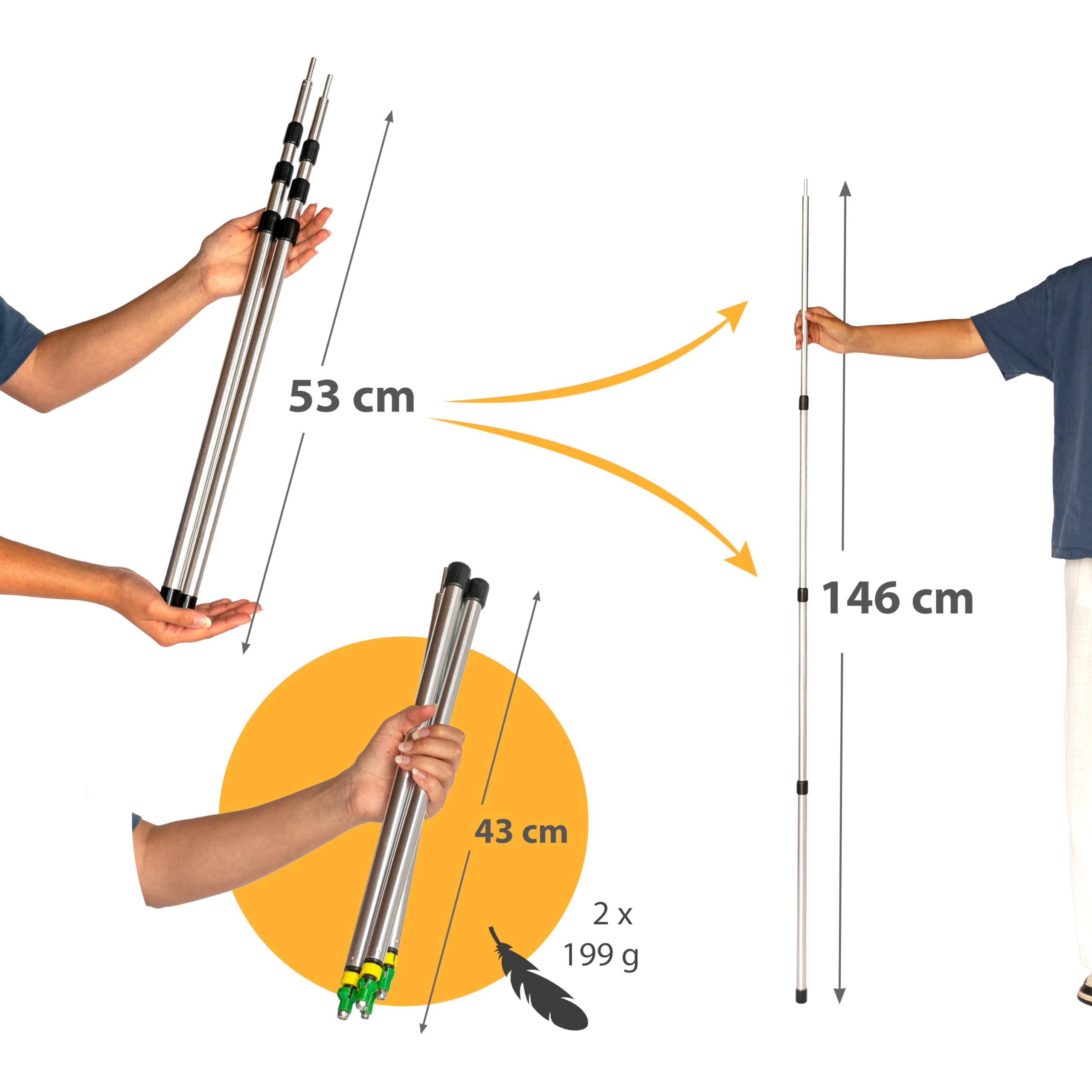 outdoorer PocketPoles UL (2 szt.), aluminiowy drążek do plandeki, ultralekki, krótki, z mini rozmiarem po spakowaniu, drążek do tarpy, lekkiego namiotu lub zadaszenia, drążki do ustawienia lub drążki