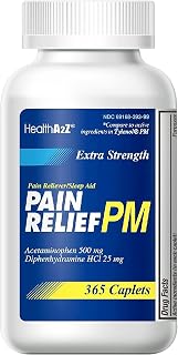 HealthA2Z Extra Strength Pain Relief PM: Acetaminophen 500mg & Diphenhydramine 25mg Nighttime Sleep Aid & Pain Reliever, 365 Caplets