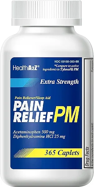 HealthA2Z® Extra Strength Pain Relief PM| Acetaminophen 500mg | Diphenhydramine 25mg | Pain Reliever & Nighttime Sleep Aid | (365 Count (Pack of 1))