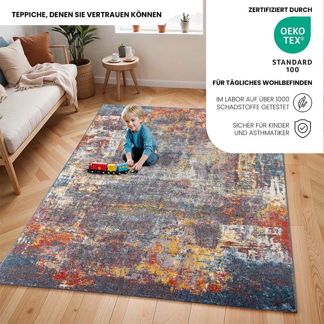 Livabliss Miami Wohnzimmer Teppich modern – Abstrakt Design in Marmor Optik für Wohnzimmer 120x170 cm, Esszimmer, Schlafzimmer - Marmor Teppiche groß, weicher Teppich Kurzflor in Blau, Rost, Grau