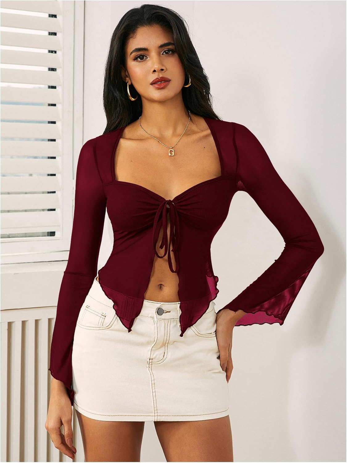 WDIRARA Women's Long Sleeve Front Tie Top Sexy Mesh Bell Sleeve Shirt - Image 3