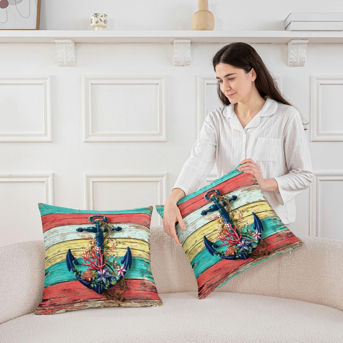 Bohemian Anchor Pillow Covers For Sofa, Boho Starfish Coral Throw Pillow Covers 24x24 Set of 2, Vintage Wooden Board Cushion Covers For Outdoor Patio, Retro Nautical Theme Decorative Pillow Covers