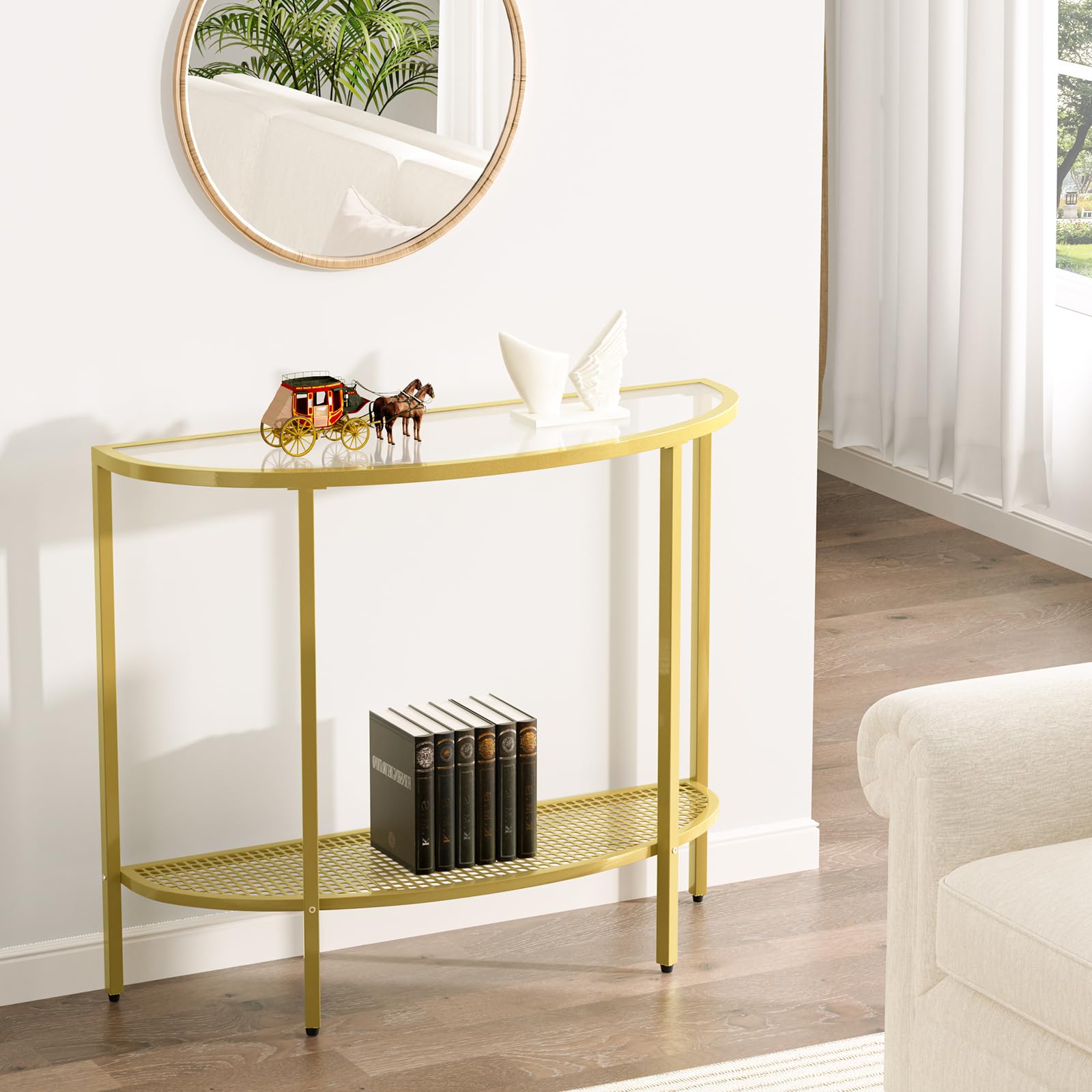 Photo 1 of SAYGOER Glass Half Moon Console Table 2 Tier Narrow Entryway Table, L(36.22"D x 11.8"W x 31.5"H)