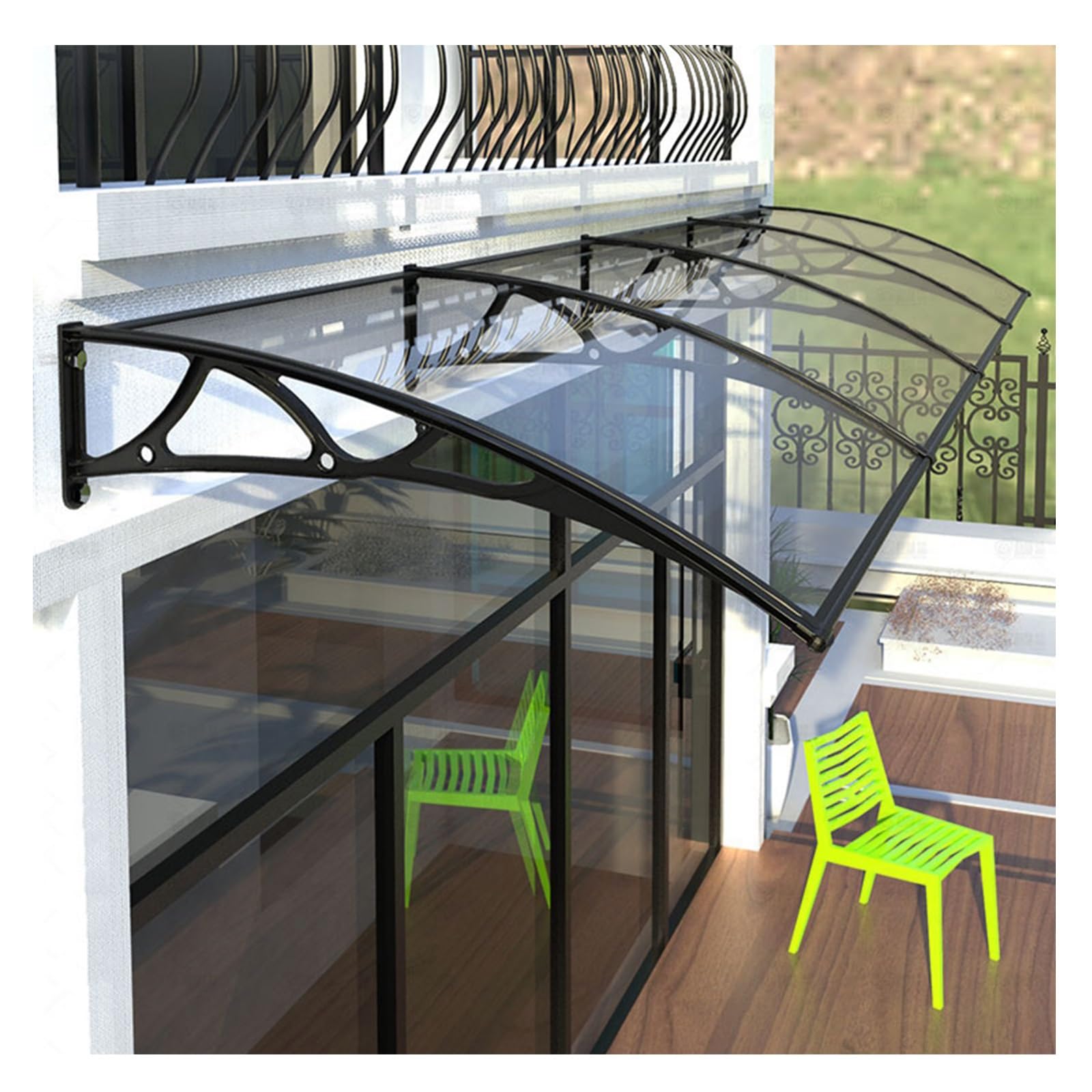Auvent pour porte d'entrée en polycarbonate transparent et support noir robust 80x110 cm